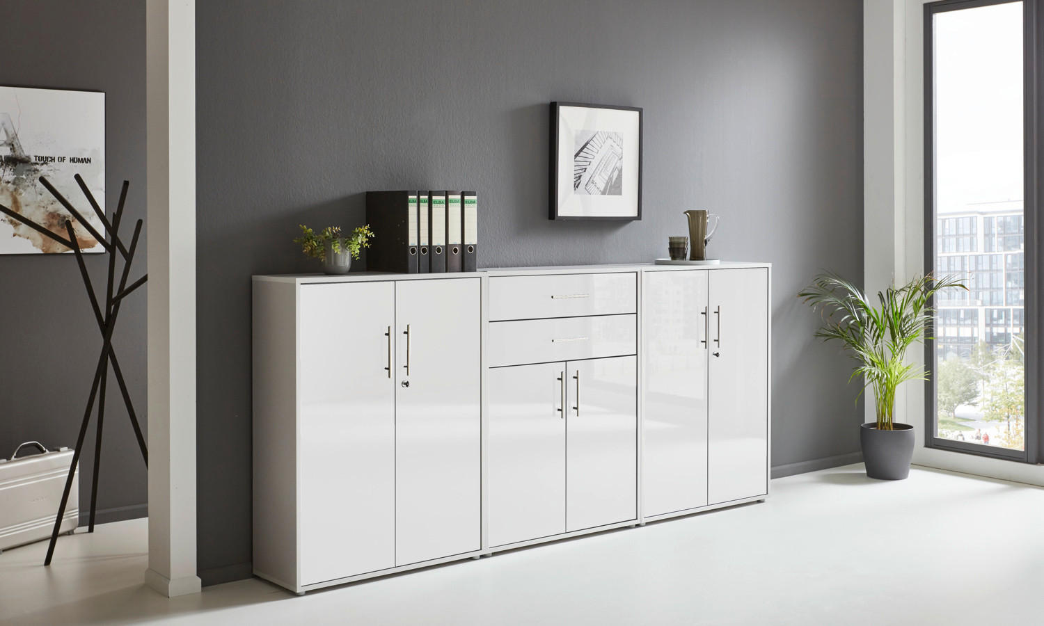 AKTENSCHRANK Grau, Weiß Hochglanz  - Weiß Hochglanz/Grau, MODERN, Holzwerkstoff (253,2/113,6/33cm) - MID.YOU