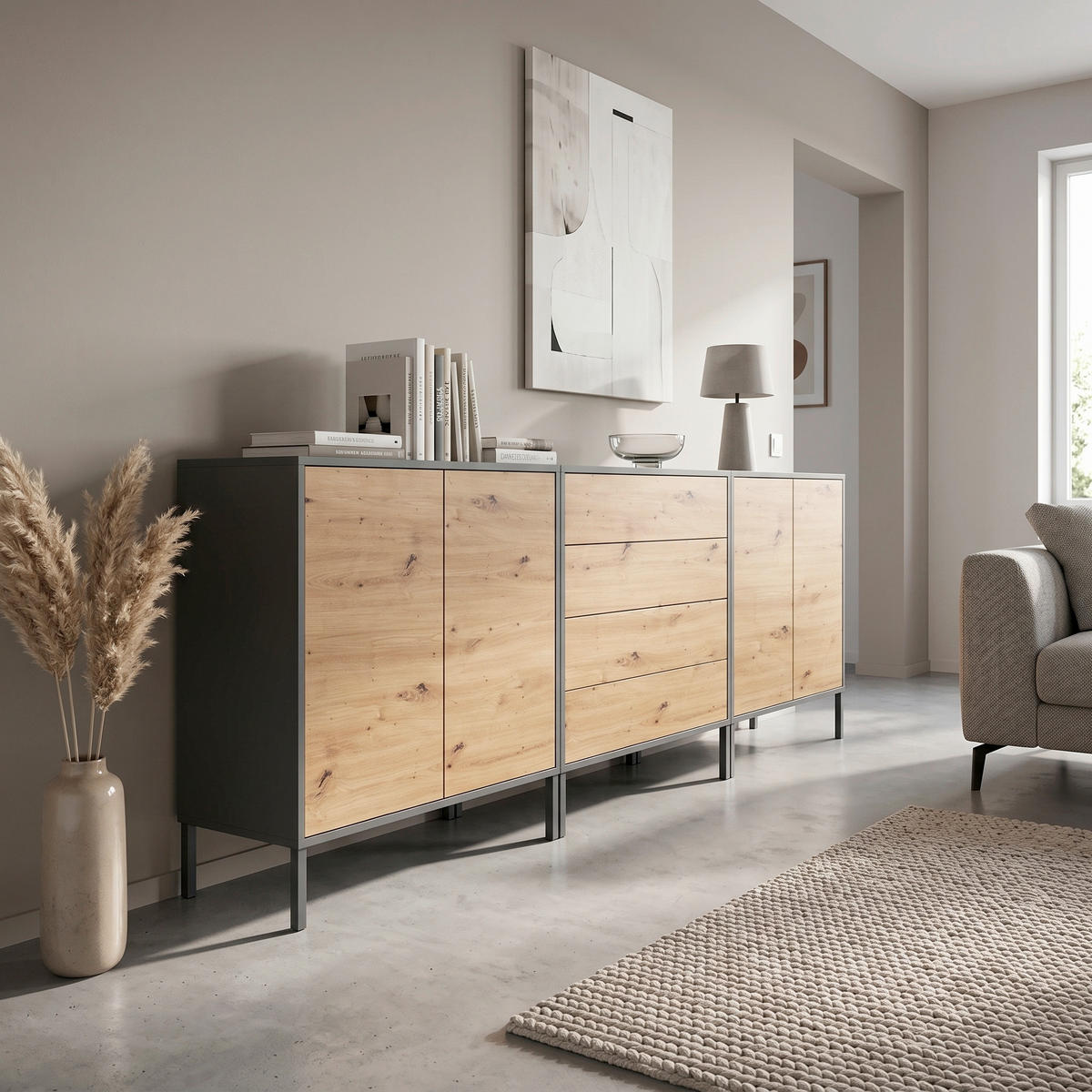 SIDEBOARD   - Anthrazit/Eiche Artisan, MODERN, Holzwerkstoff/Metall (237/86/33cm) - MID.YOU