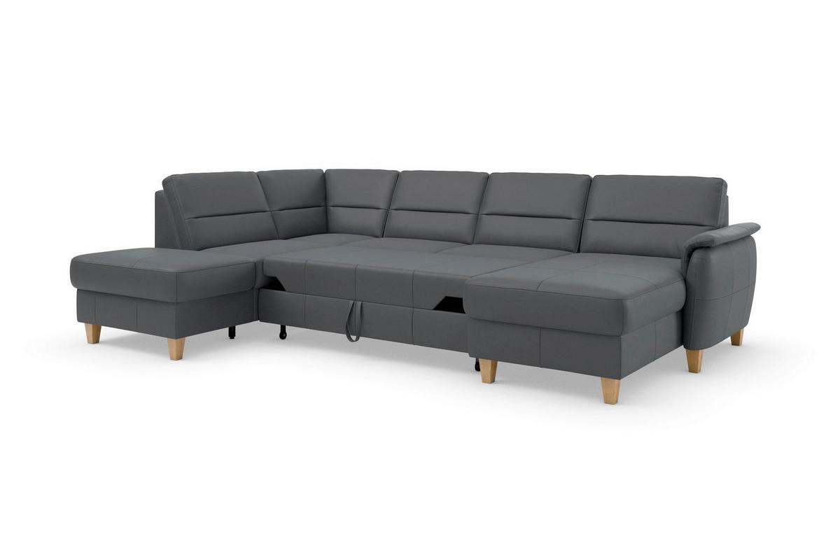 WOHNLANDSCHAFT PALMERA E Schwarz Echtleder  - Eichefarben/Schwarz, Basics, Leder/Holz (212/308/163cm) - Sit & More