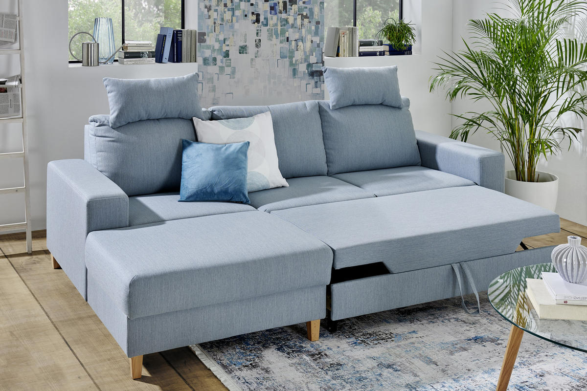 ROHOVÁ SEDAČKA, textil, světle modrá - světle modrá/barvy buku, Design, dřevo/textil (160/260cm) - Ti'me