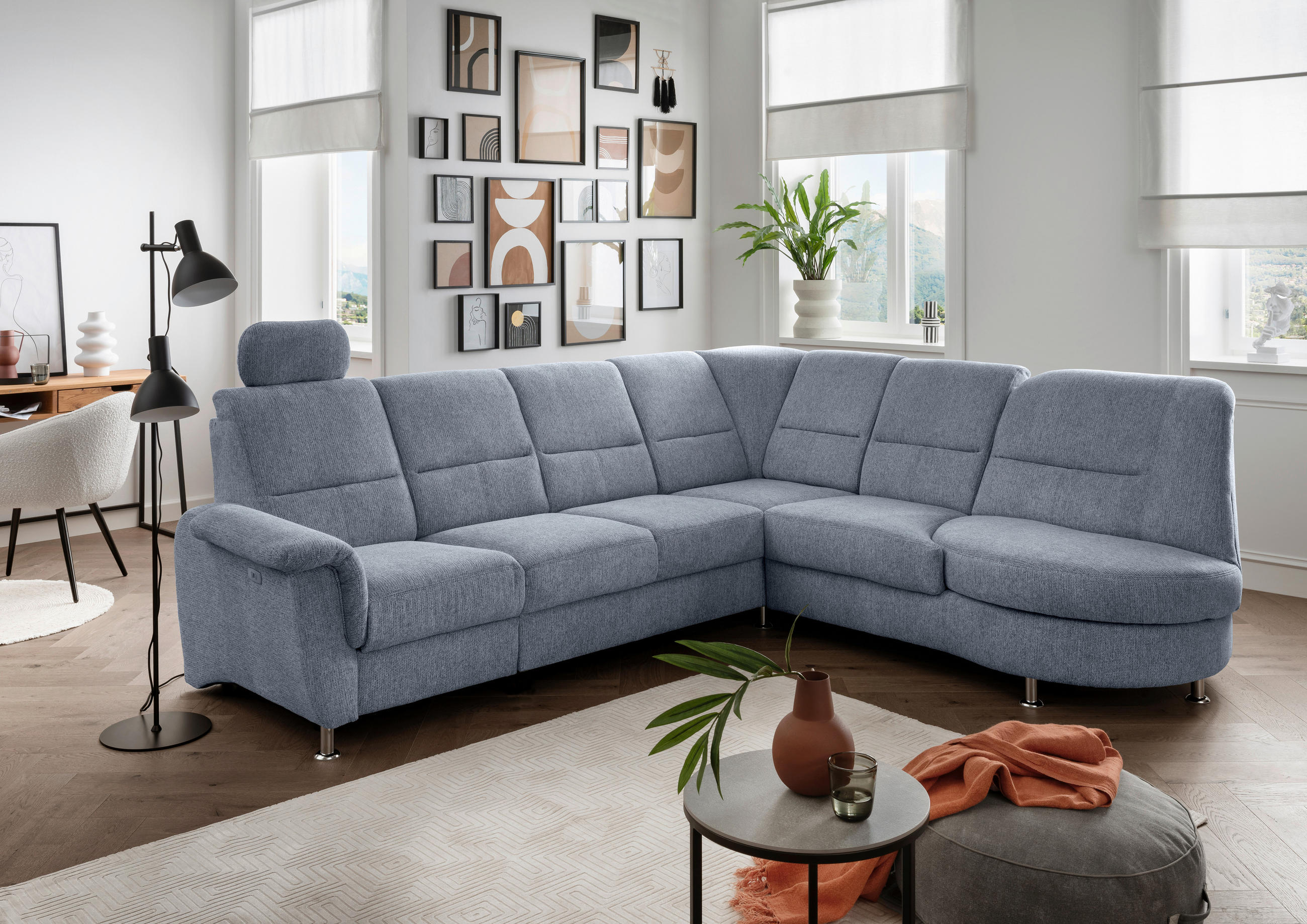 ECKSOFA chenille bleu clair  - bleu clair/couleur chromée, Modern, textile/métal (275/236cm) - Livetastic