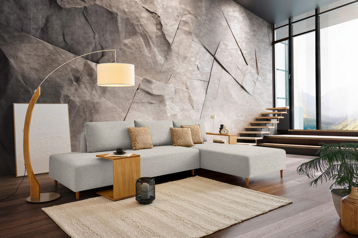 ECKSOFA in Flachgewebe Ecru  - Ecru/Eichefarben, Design, Holz/Textil (307/190cm) - Joka