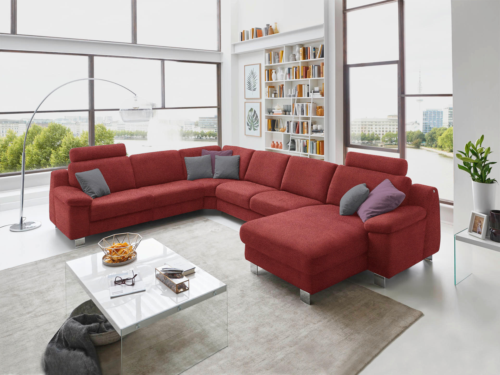 WOHNLANDSCHAFT in Mikrofaser Rot  - Chromfarben/Rot, Design, Textil/Metall (278/364/166cm) - Valdera