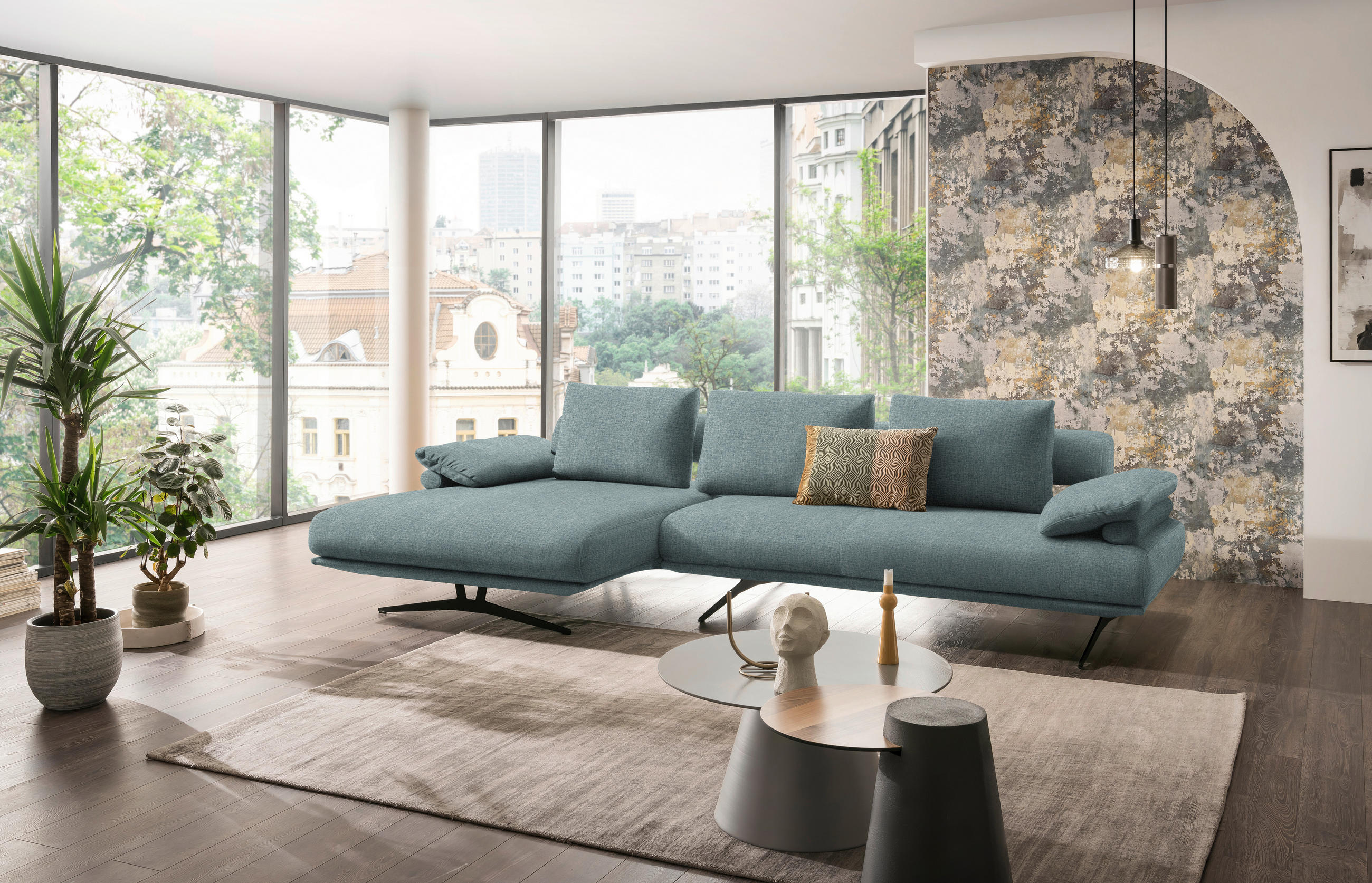ECKSOFA in Chenille Blau  - Blau/Schwarz, Design, Textil/Metall (334/168cm) - Dieter Knoll