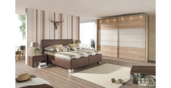 SCHWEBETÜRENSCHRANK in Eichefarben, Magnolie - Chromfarben/Eichefarben, KONVENTIONELL, Glas/Holzwerkstoff (300/236/68cm) - Voleo