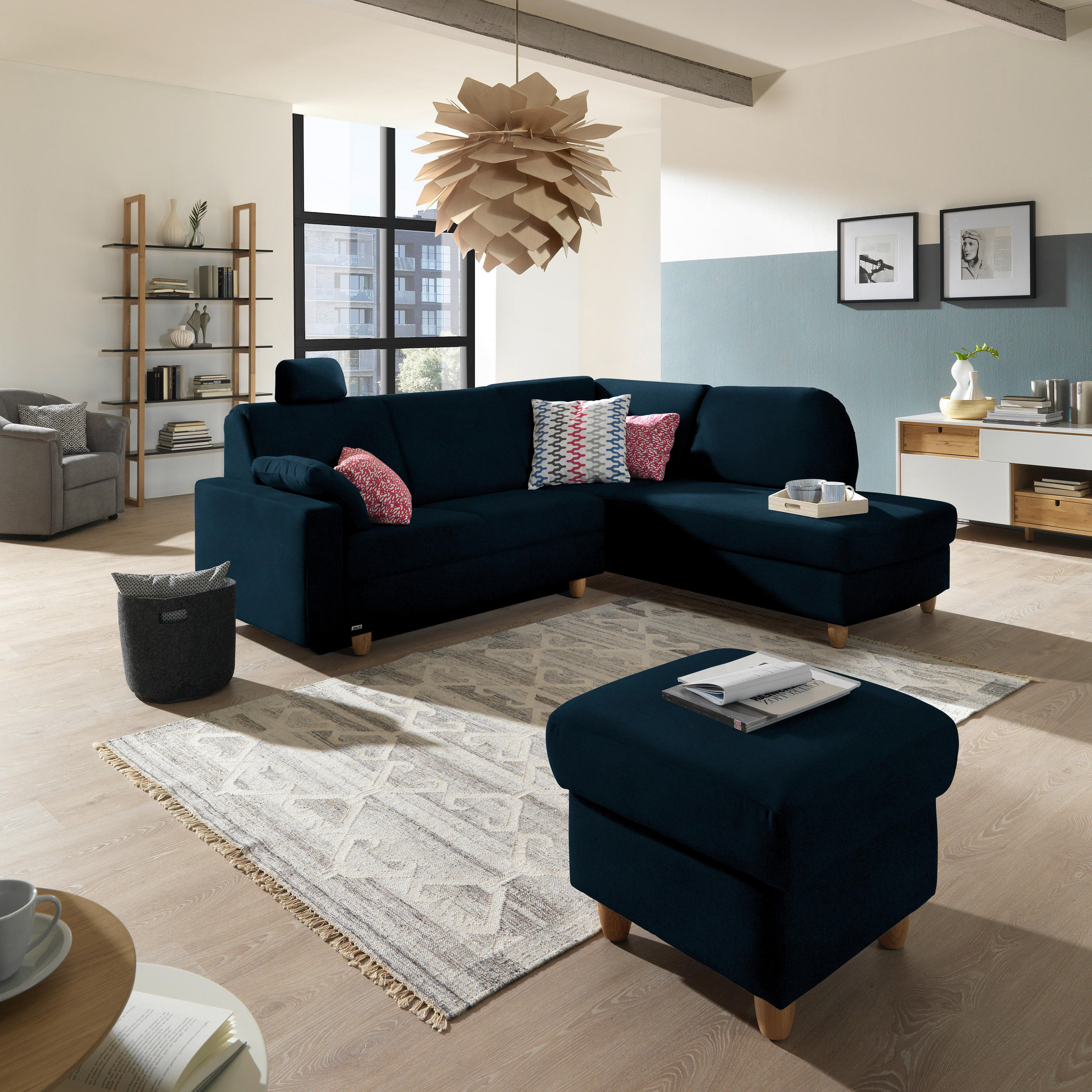 ECKSOFA in Flachgewebe Dunkelblau  227/208 cm  - Eichefarben/Rot, KONVENTIONELL, Holz/Textil (227/208cm) - Sedda