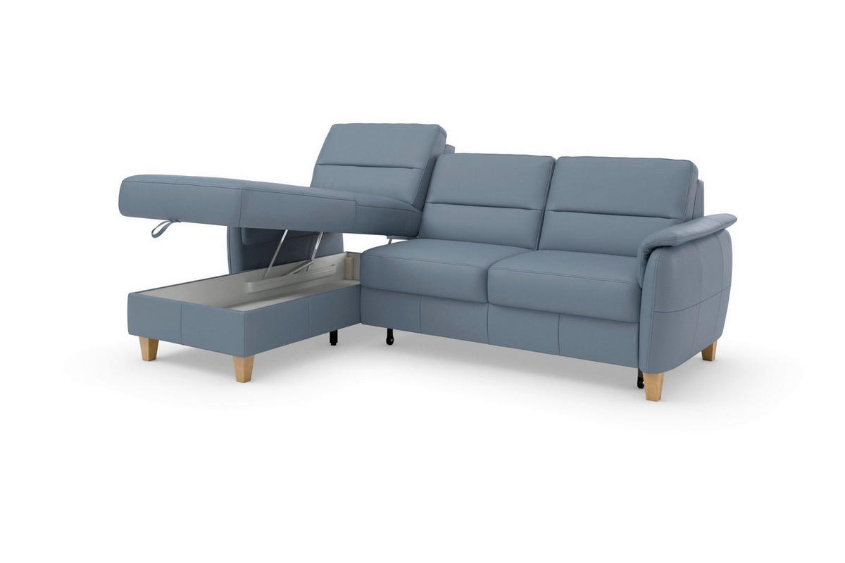 ECKSOFA PALMERA E Graublau Kombination Echtleder/Stoff Mikrofaser Bettkasten  - Graublau/Eichefarben, Basics, Leder/Holz (163/244cm) - Sit & More
