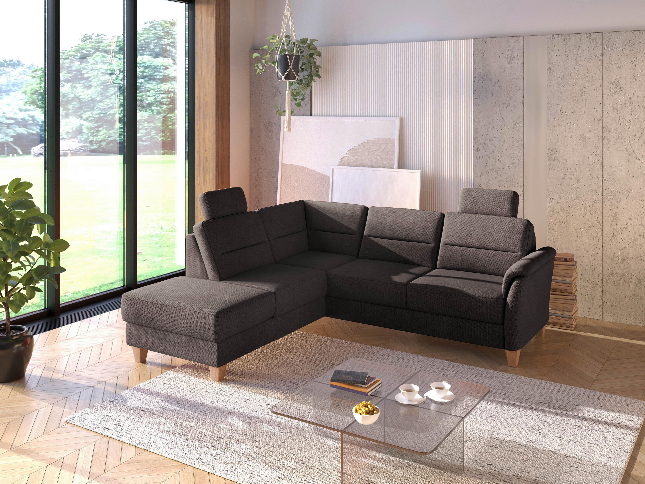 ECKSOFA PALMERA V in Flachgewebe Dunkelbraun  212/236 cm  - Eichefarben/Dunkelbraun, KONVENTIONELL, Holz/Textil (212/236cm) - Sit & More