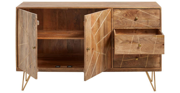 SIDEBOARD Mangoholz massiv Naturfarben, Goldfarben Einlegeboden  - Goldfarben/Naturfarben, Design, Holz/Metall (145/88/43cm) - Landscape