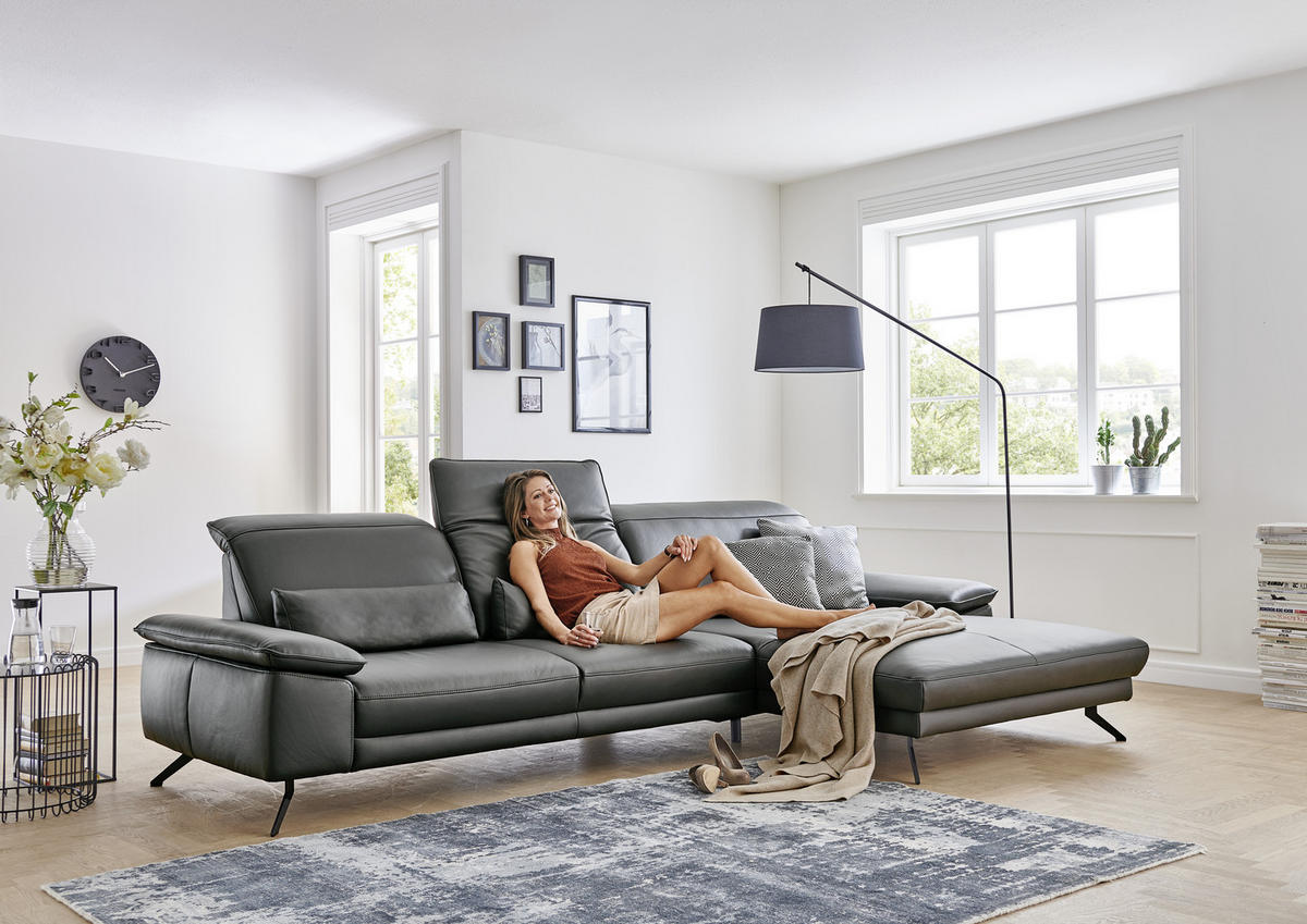 ECKSOFA in Echtleder Anthrazit  - Anthrazit/Schwarz, Design, Leder/Metall (328/193cm) - Dieter Knoll