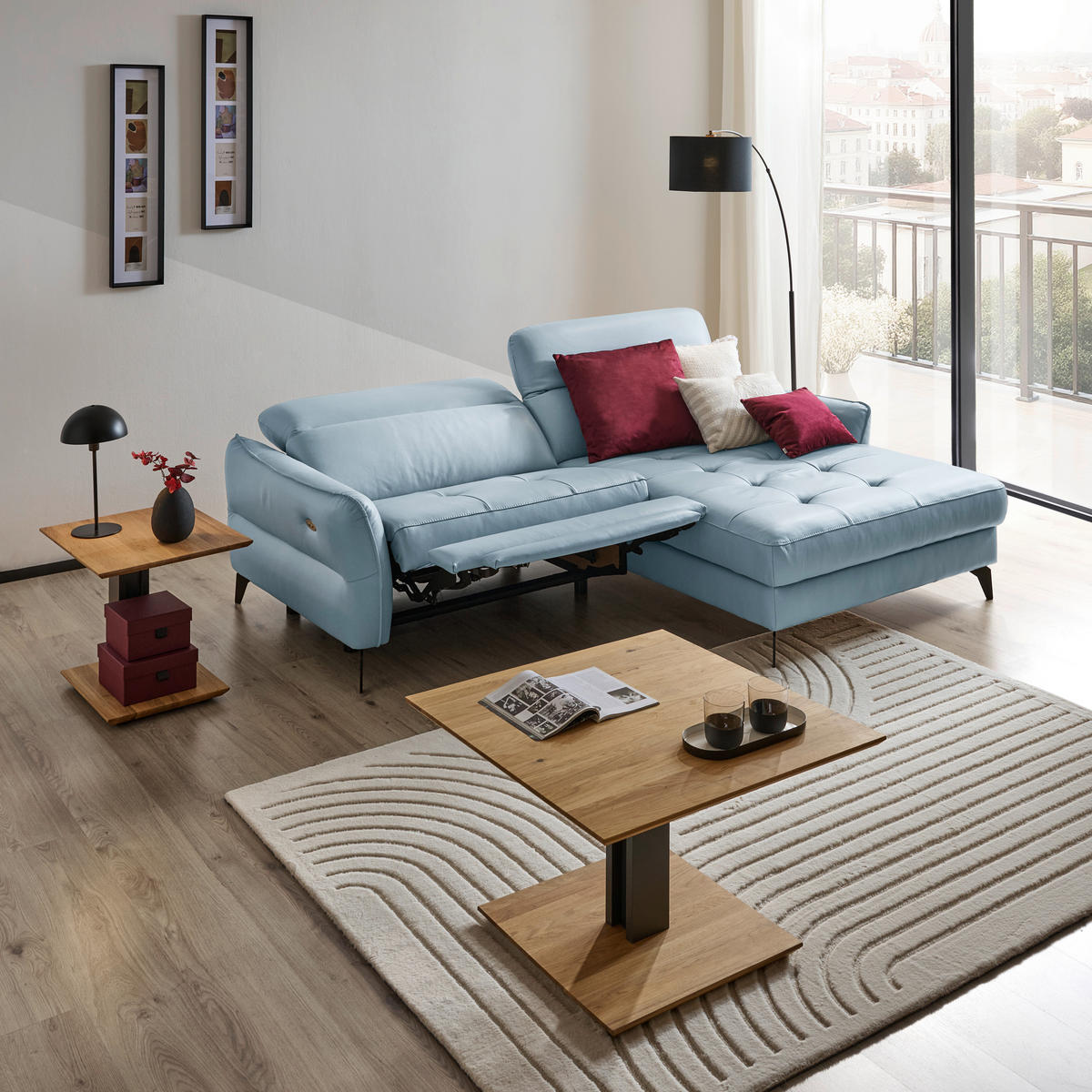 ECKSOFA inkl. Funktionen Blaugrau Echtleder  - Blaugrau/Schwarz, Design, Leder/Metall (246/175cm) - Celina Home