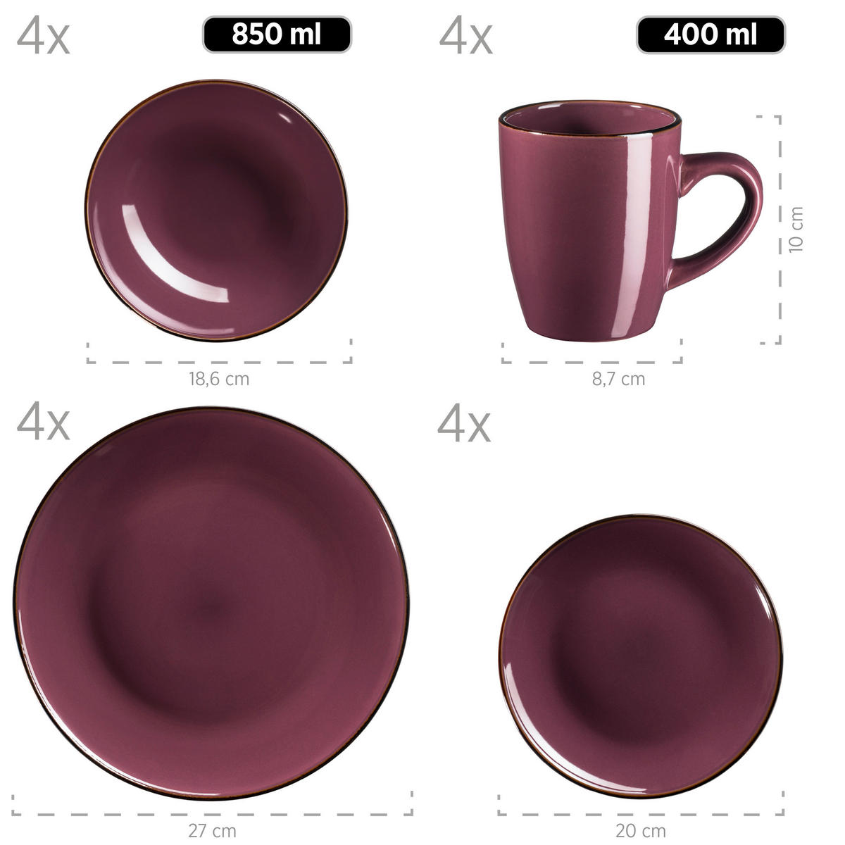KOMBISERVICE Lila Metallic Rim 16-teilig 4 Personen  - Lila, Basics, Keramik - Mäser