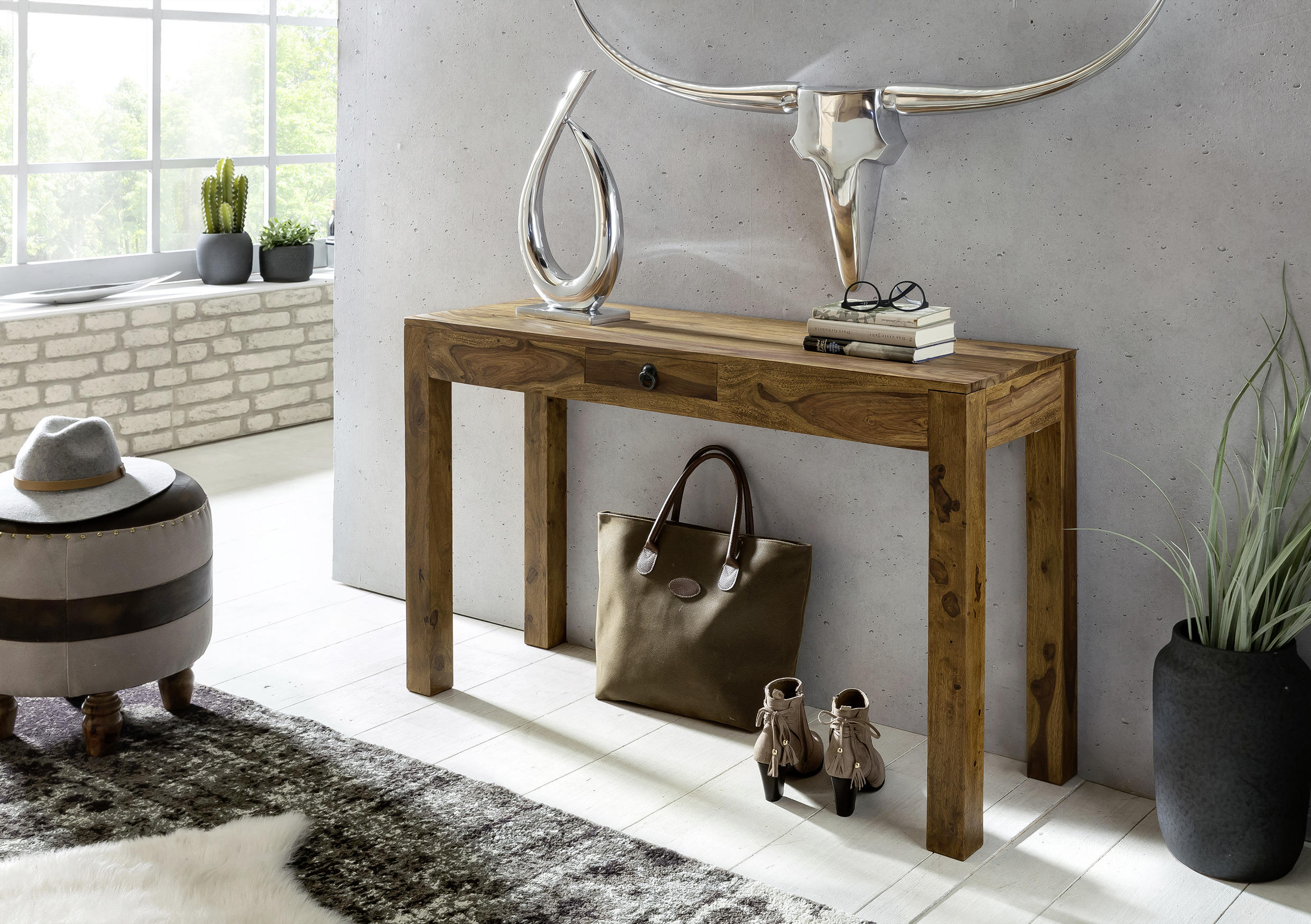 KONSOLENTISCH Sheesham massiv Sheeshamfarben - Sheeshamfarben/Schwarz, LIFESTYLE, Holz/Metall (120/70/40cm) - MID.YOU
