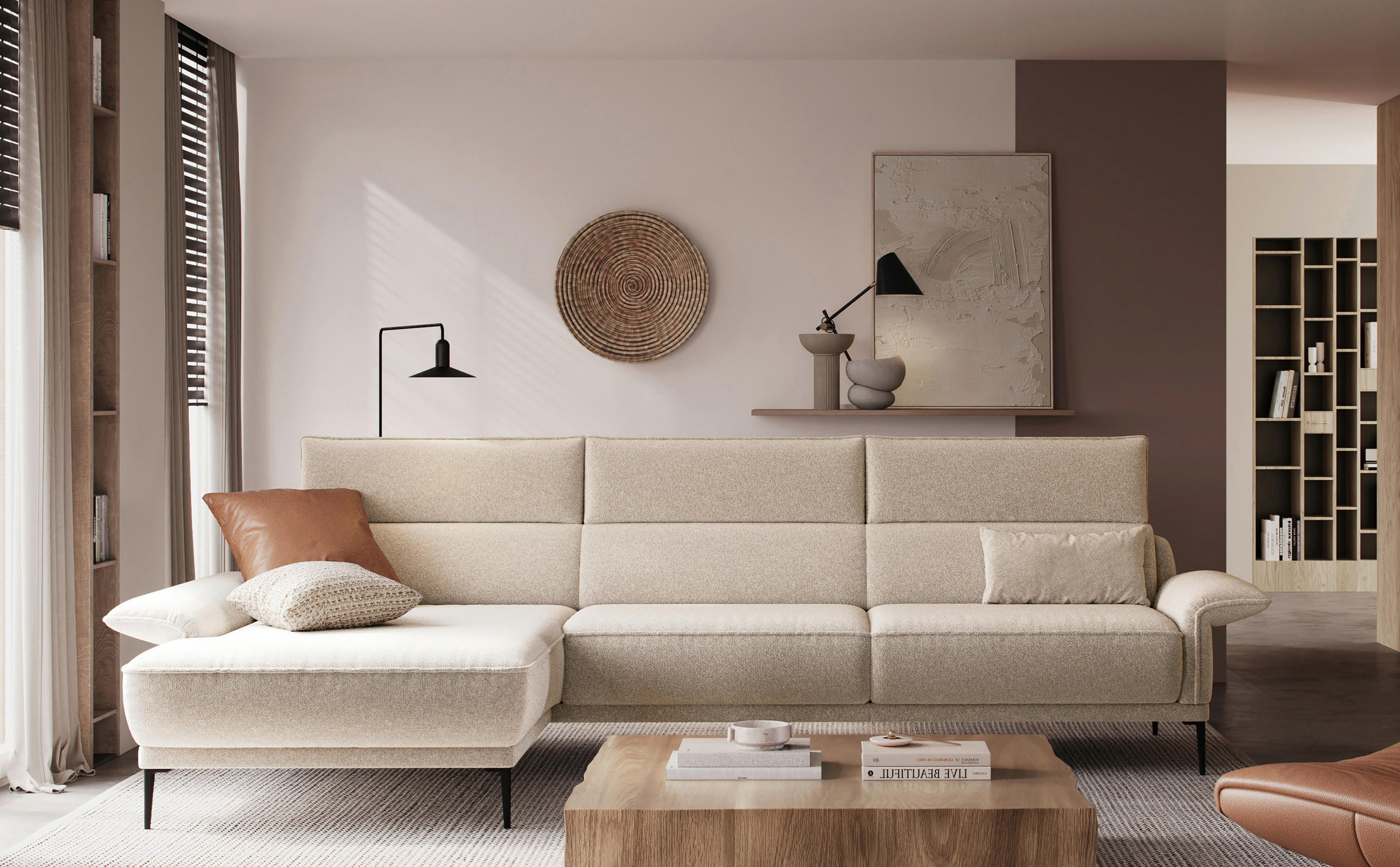 ECKSOFA Creme Bouclé  - Creme/Schwarz, MODERN, Textil/Metall (186/330cm) - Johann Jakob