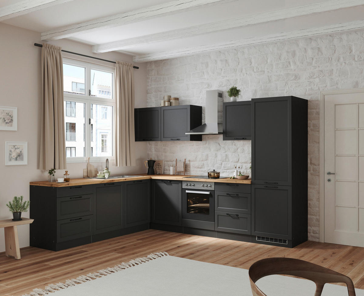 ECKKÜCHE 240/300 cm  in Grau, Eiche Wotan  - Eiche Wotan/Schwarz, LIFESTYLE, Holzwerkstoff/Metall (240/300cm) - Held