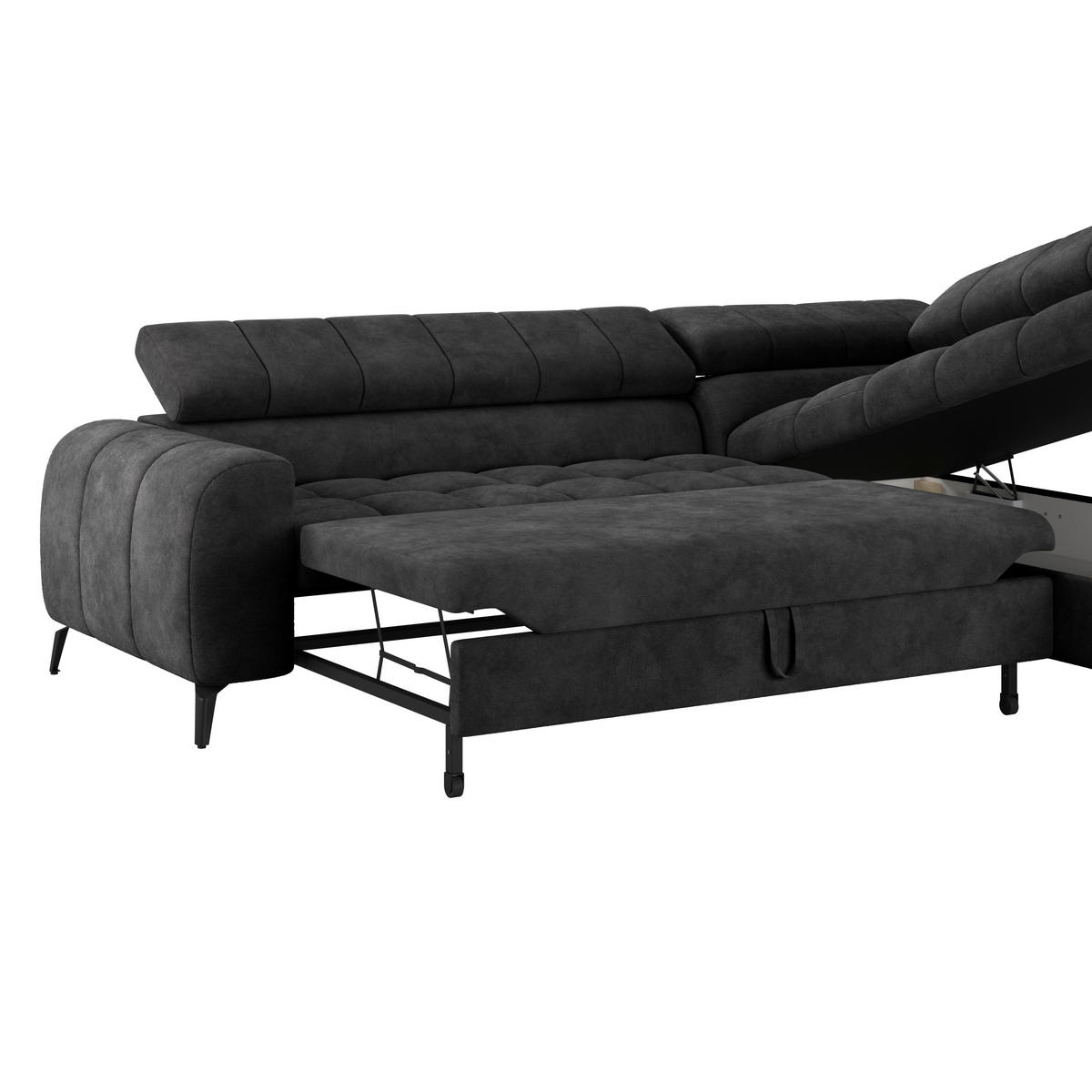 ECKSOFA Schwarz Bettkasten, Rücken echt, Kopfteilverstellung  - Schwarz, Trend, Kunststoff/Textil (261/203cm) - Livetastic