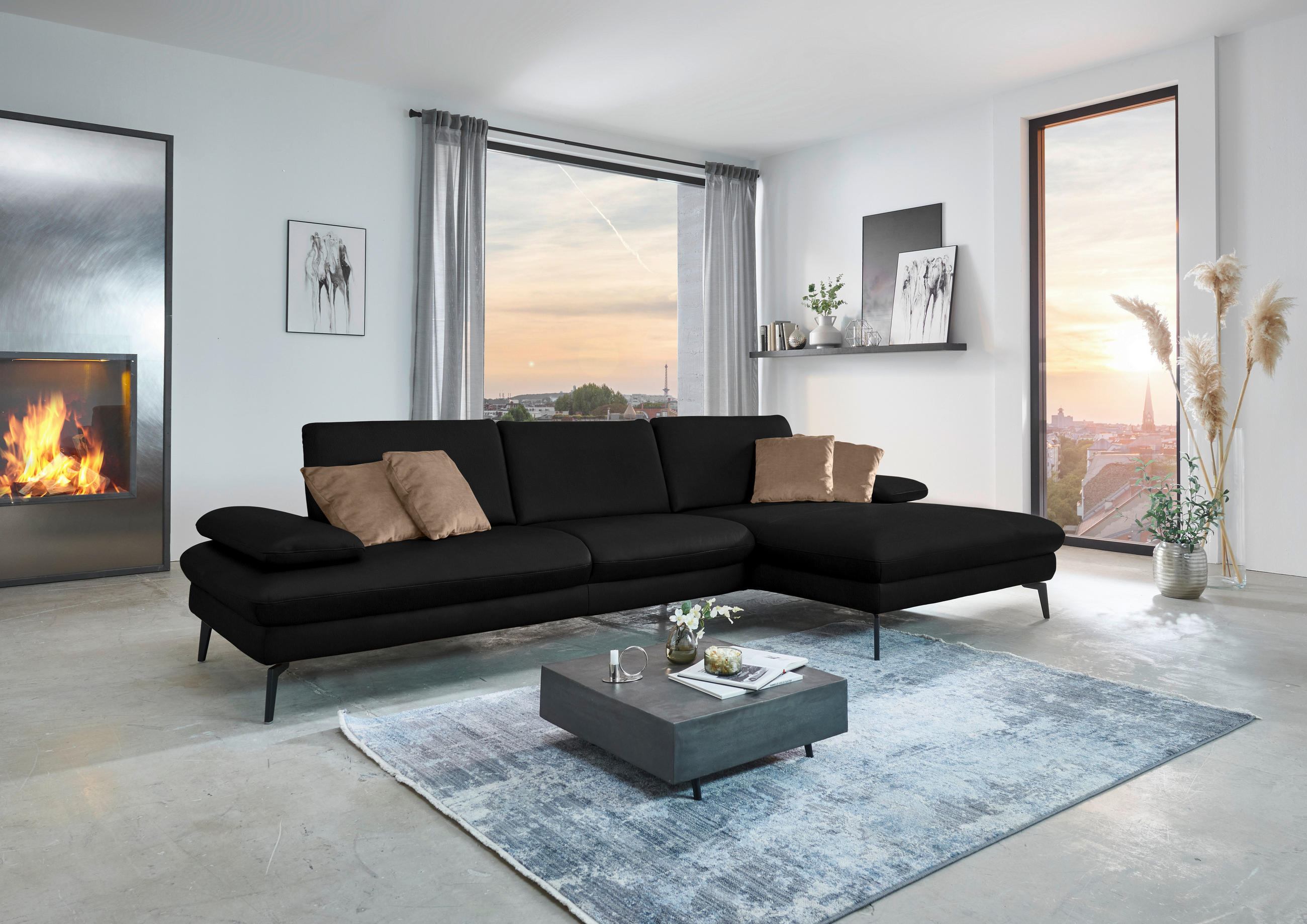 ECKSOFA in Echtleder Schwarz  - Schwarz, Design, Leder/Metall (325/157cm) - Dieter Knoll
