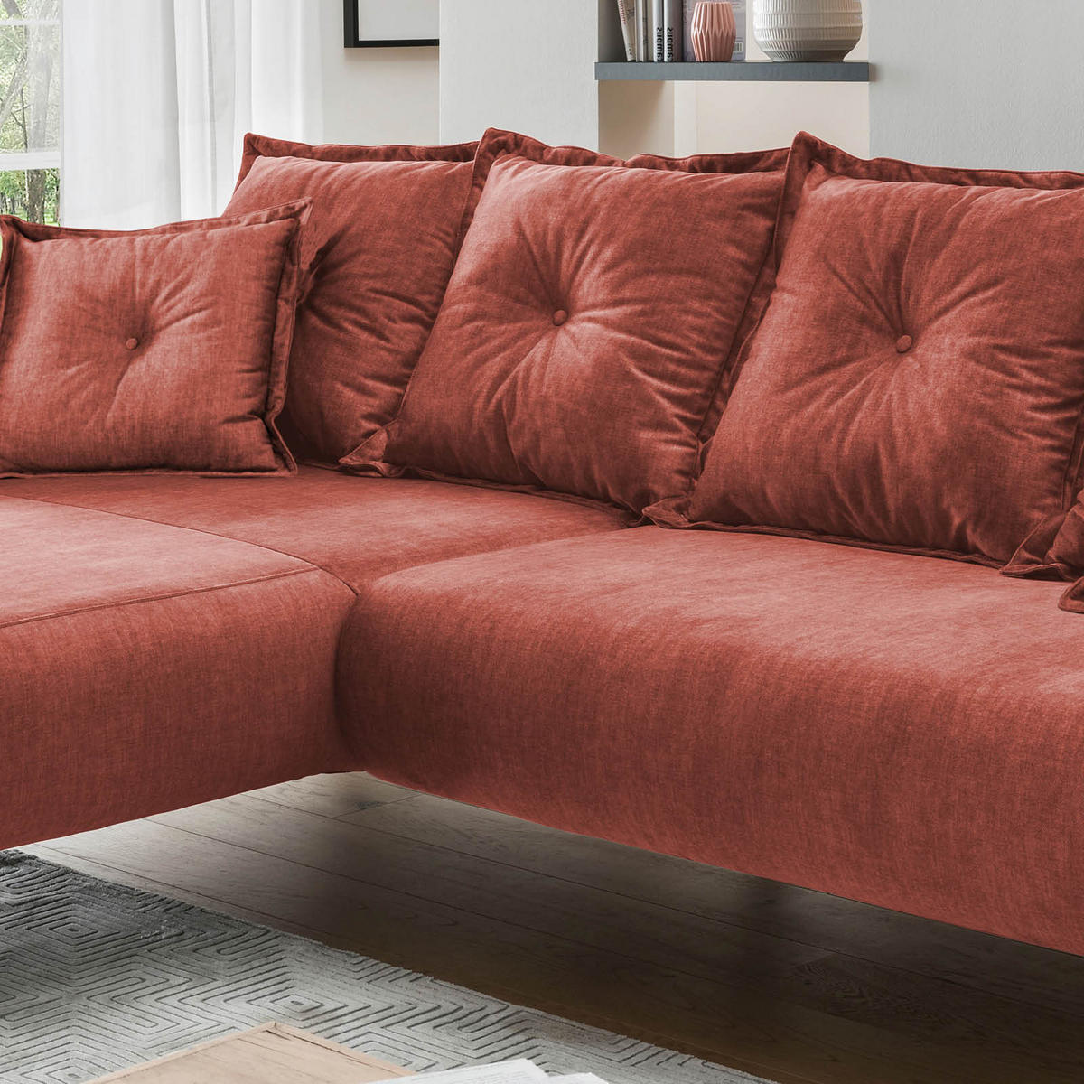 ECKSOFA in Velours Koralle  - Koralle/Buchefarben, Modern, Holz/Textil (162/277cm) - Livetastic