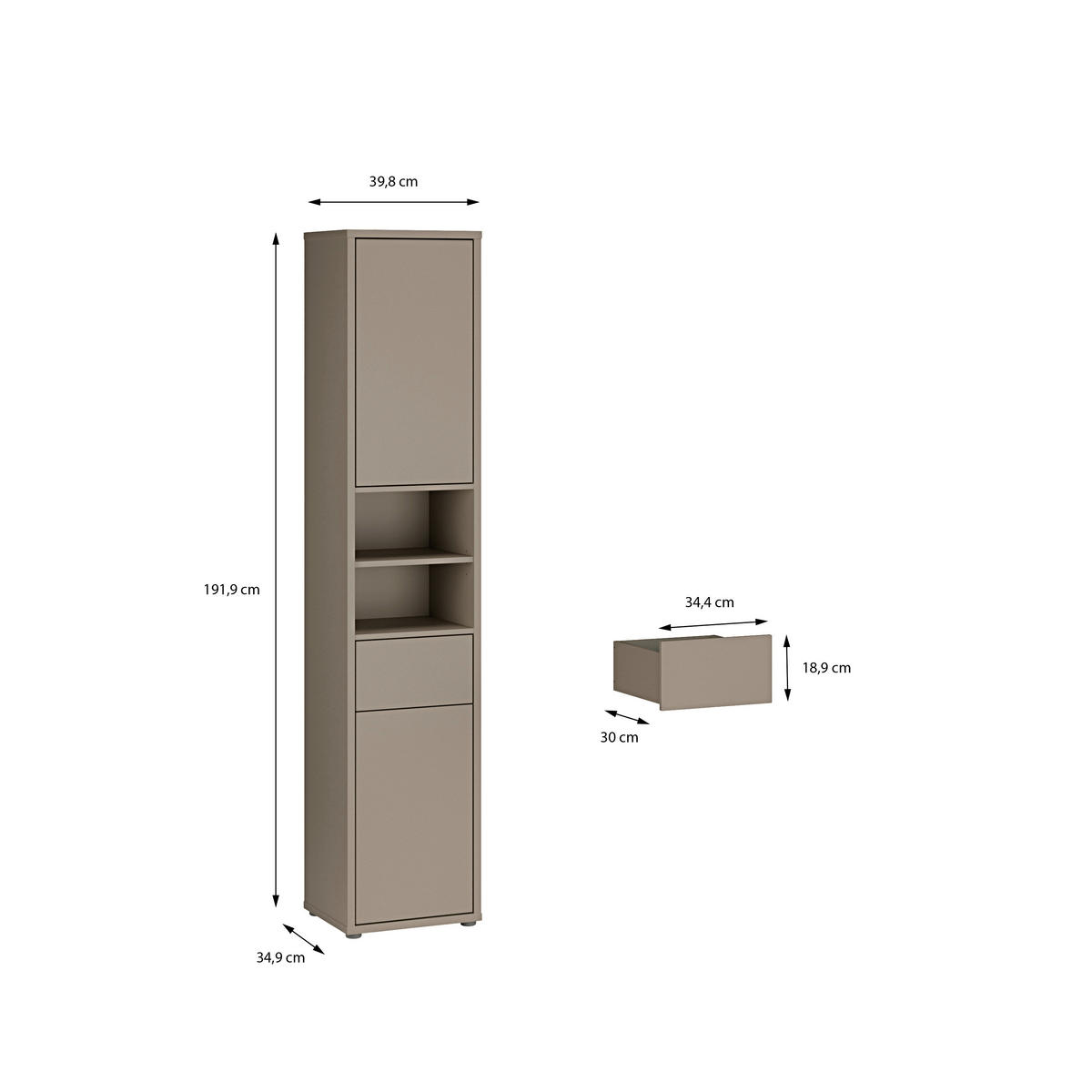 HOCHSCHRANK 39,8/191,9/34,9 cm  - Taupe/Grau, MODERN, Holzwerkstoff/Kunststoff (39,8/191,9/34,9cm) - Xora