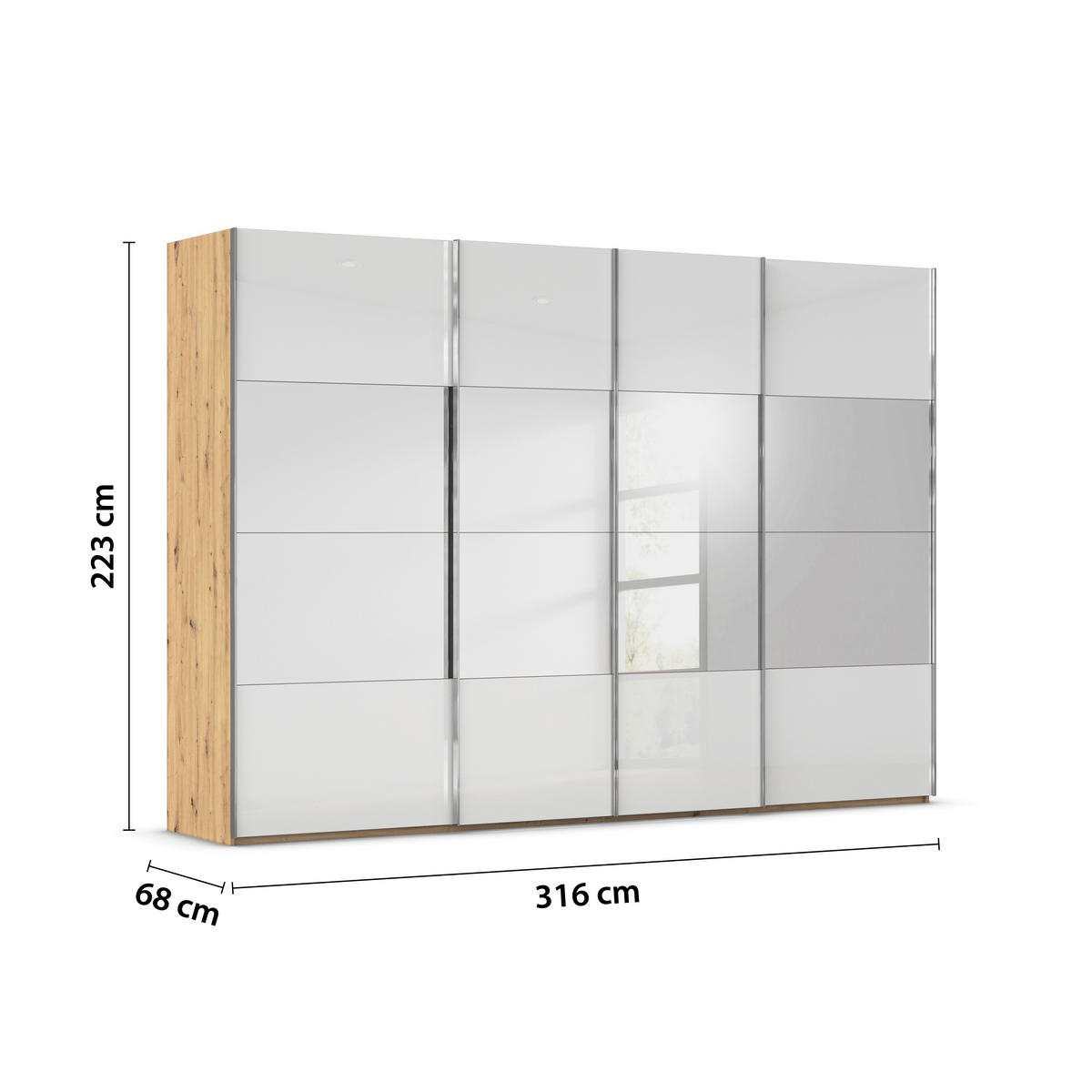 SCHWEBETÜRENSCHRANK 316/223/68 cm 4-türig Weiß, Eiche Artisan  - Chromfarben/Weiß, Design, Glas/Holzwerkstoff (316/223/68cm) - Novel