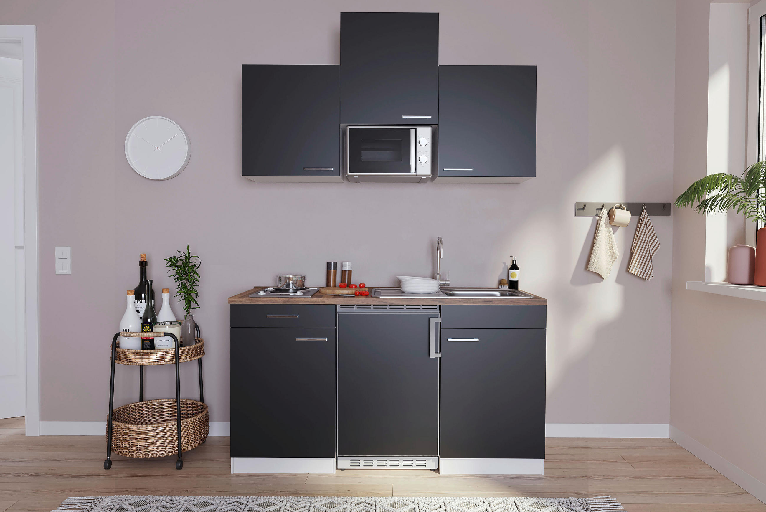 MINIKÜCHE 150 cm in Schwarz - Edelstahlfarben/Nussbaumfarben, Basics, Holzwerkstoff/Kunststoff (150cm) - Respekta