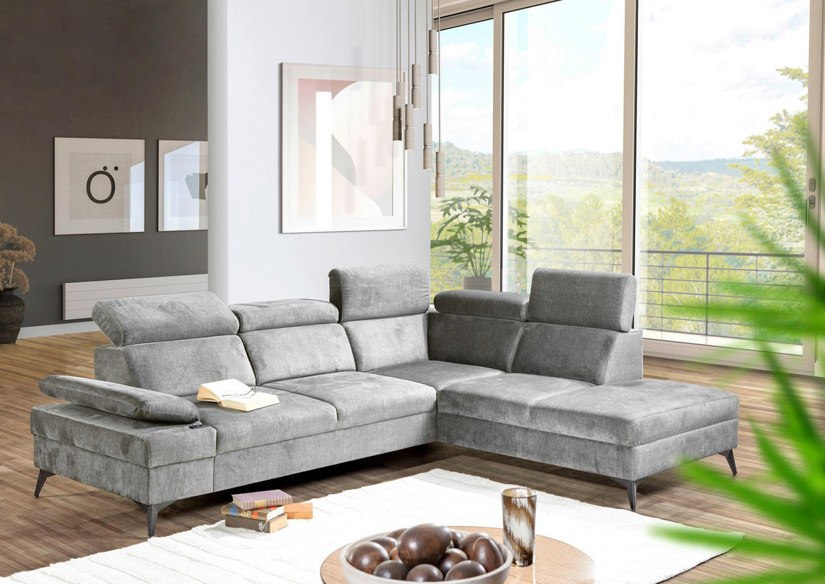 ECKSOFA Grau Flachgewebe Schlaffunktion, Armteilverstellung, Kopfteilverstellung, Sitztiefenverstellung  - Schwarz/Grau, MODERN, Textil/Metall (258/210cm) - Landscape