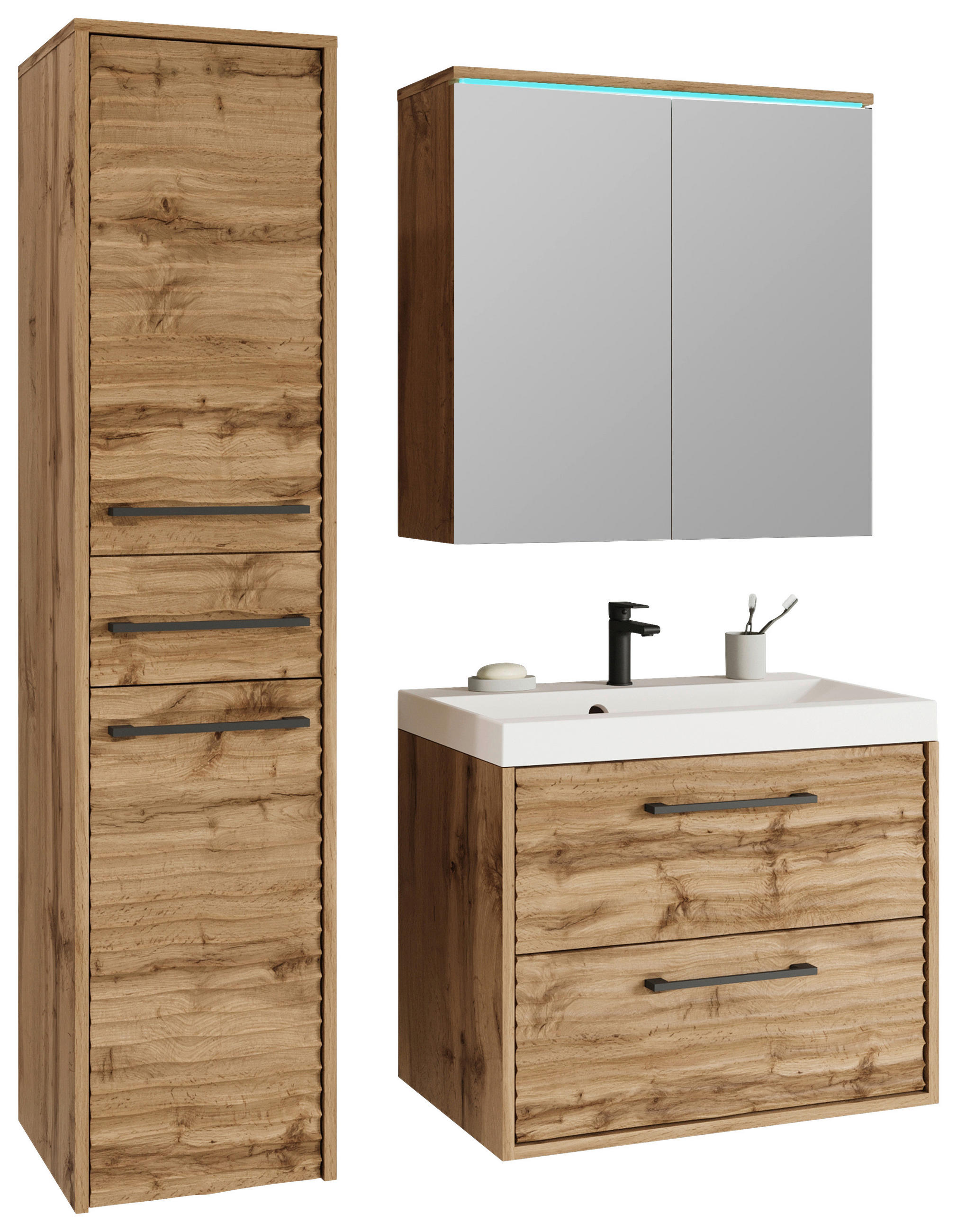 BADEZIMMER 4-teilig  in 90 cm  - Eiche Wotan/Schwarz, LIFESTYLE, Keramik/Holzwerkstoff (90cm) - P & B