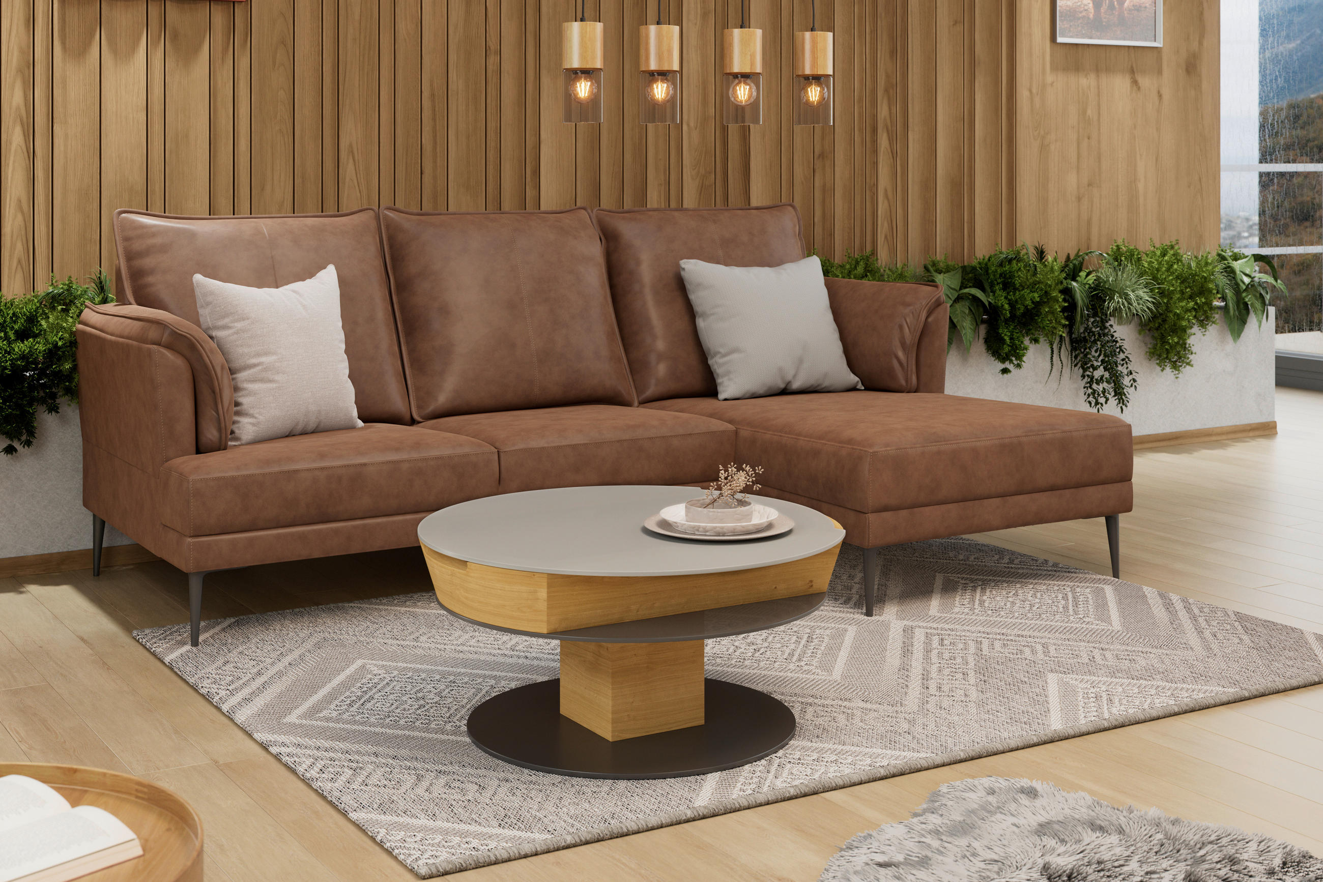 COUCHTISCH Wildeiche furniert, massiv ESG 80/80/38-58 cm rund Grau, Eichefarben  - Eichefarben/Grau, Natur, Glas/Holz (80/80/38-58cm) - Voglauer