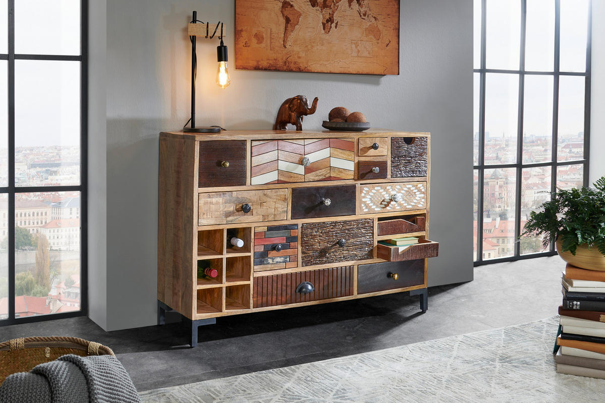 KOMODA, rjava, večbarvno, naravne barve, barve akacije  - črna/večbarvno, Trendi, kovina/les (115/80/35cm) - Landscape