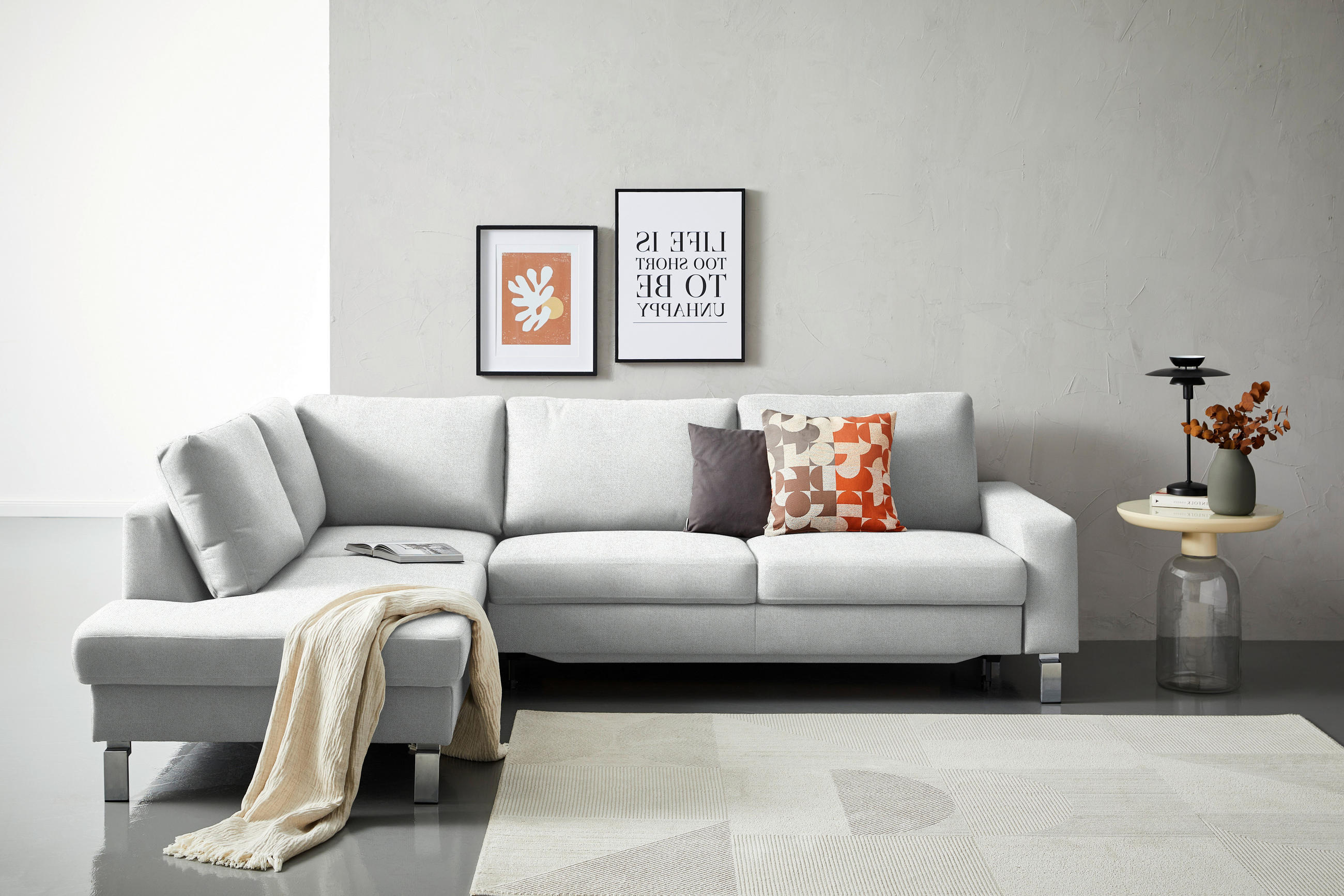 ECKSOFA in Flachgewebe Silberfarben  - Chromfarben/Silberfarben, Design, Textil/Metall (200/276cm) - Hom`in