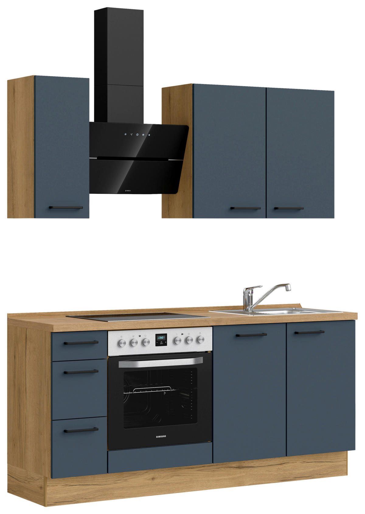 KÜCHENBLOCK Easytouch 180 cm  in Eichefarben, Dunkelblau  - Eichefarben/Schwarz, MODERN, Holzwerkstoff/Metall (180cm) - Nobilia
