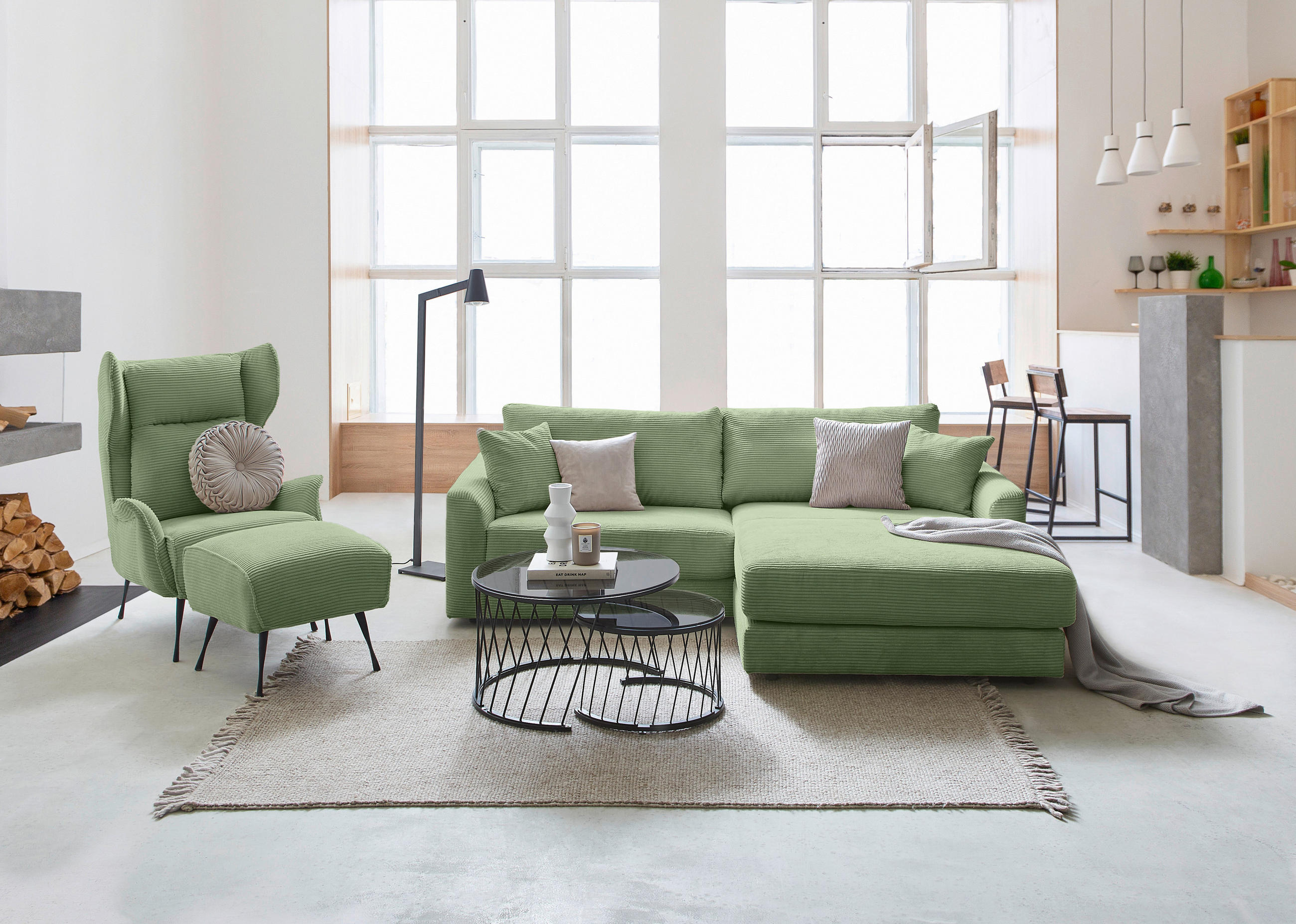 ECKSOFA Olivgrün Cord  - Schwarz/Olivgrün, Design, Kunststoff/Textil (240/175cm) - Landscape