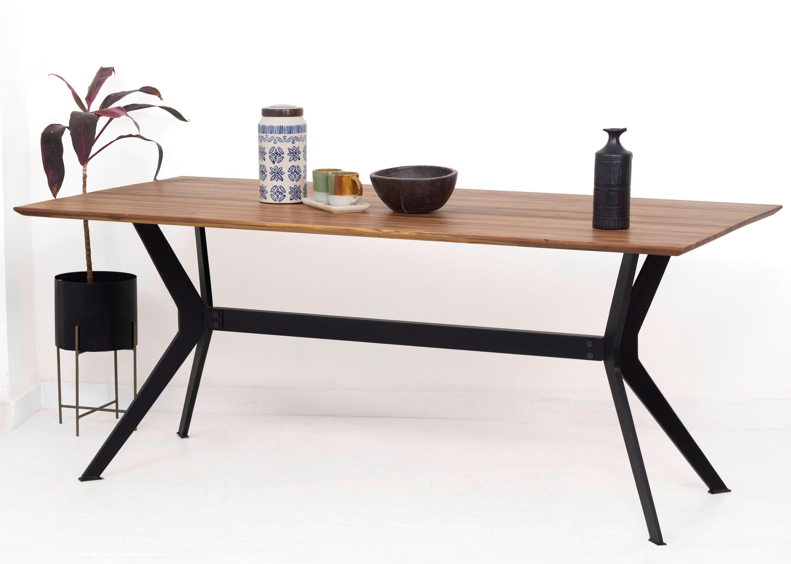 JEDILNA MIZA, trd les recikliran les, tikovina naravne barve  - črna/naravne barve, Trendi, kovina/les (180/90/76cm) - Linea Natura
