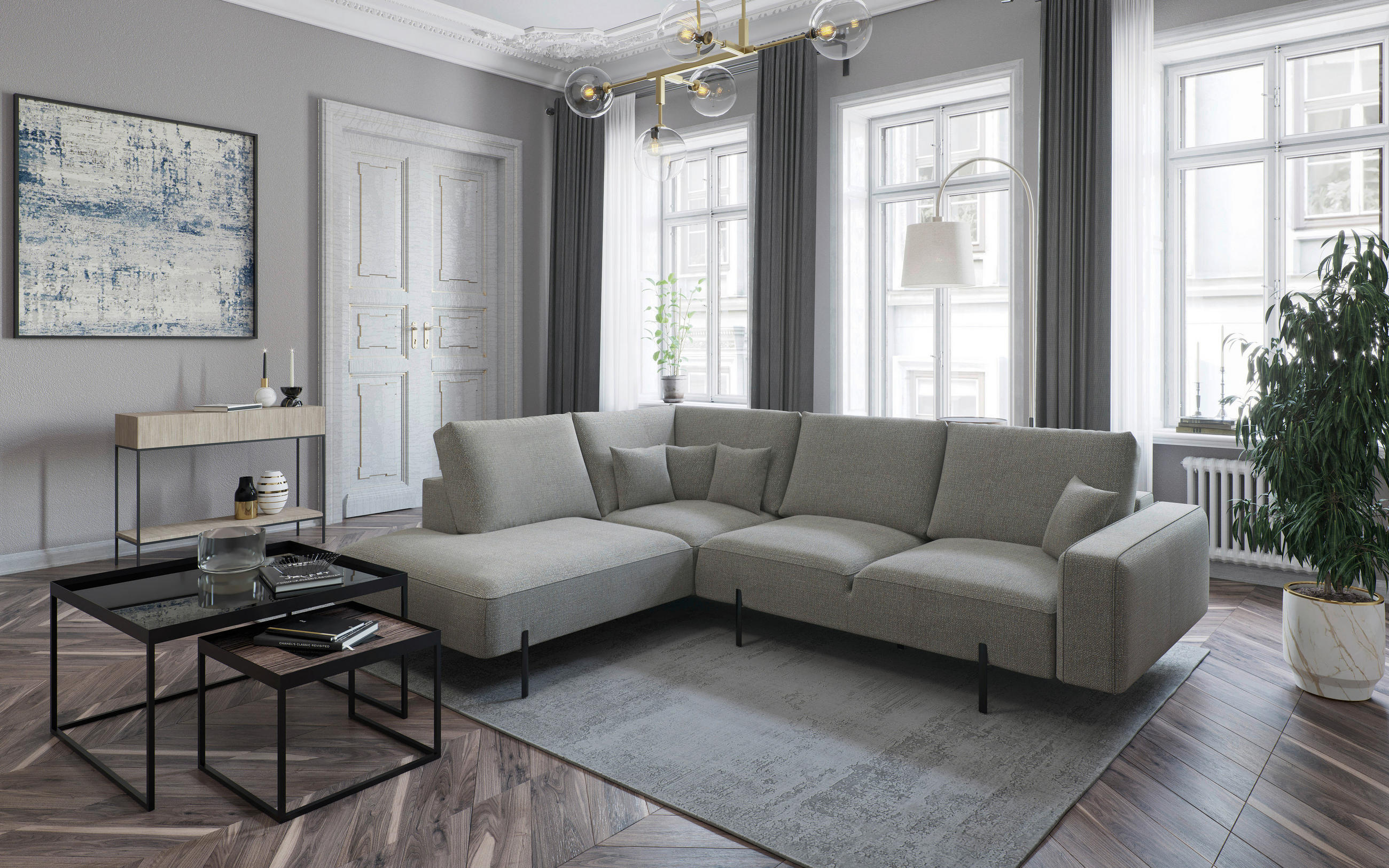 ECKSOFA in Flachgewebe Hellbraun  - Hellbraun/Schwarz, Design, Textil/Metall (223/280/223cm) - Livetastic