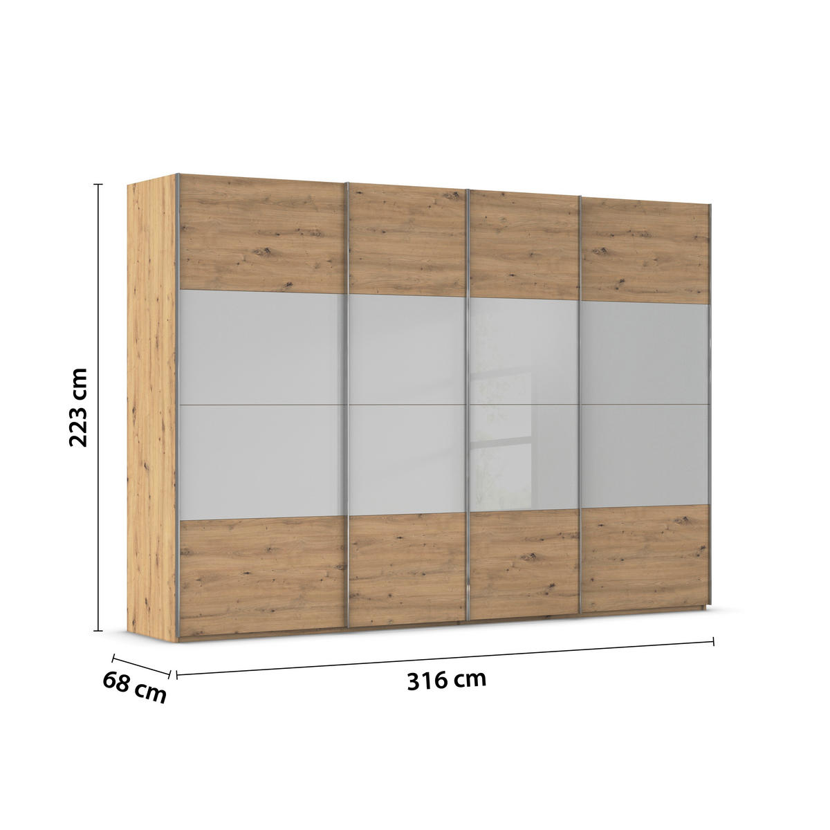 SCHWEBETÜRENSCHRANK 316/223/68 cm 4-türig Grau, Eiche Artisan  - Chromfarben/Eiche Artisan, KONVENTIONELL, Glas/Holzwerkstoff (316/223/68cm) - Novel