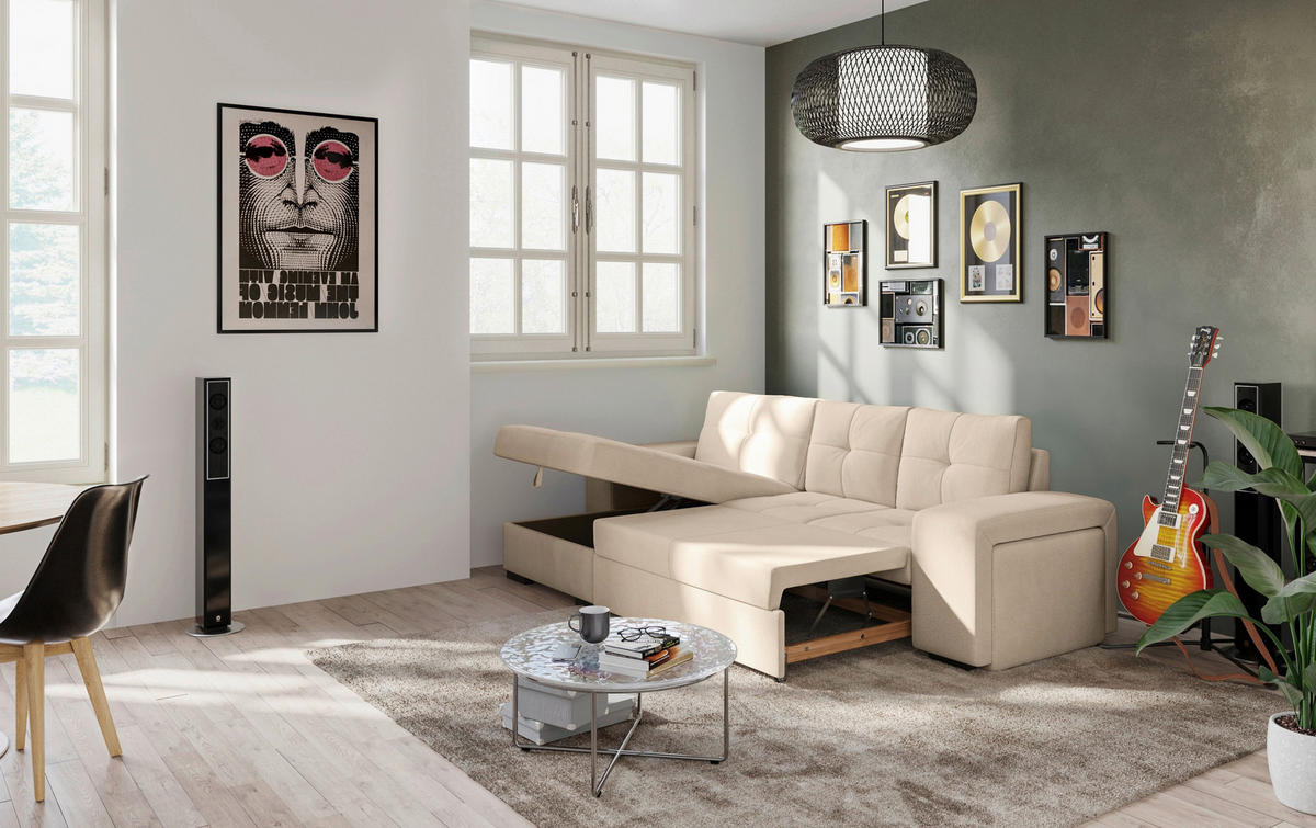 ECKSCHLAFSOFA in Mikrofaser Naturfarben  - Schwarz/Naturfarben, Modern, Kunststoff/Textil (156/268cm) - MID.YOU