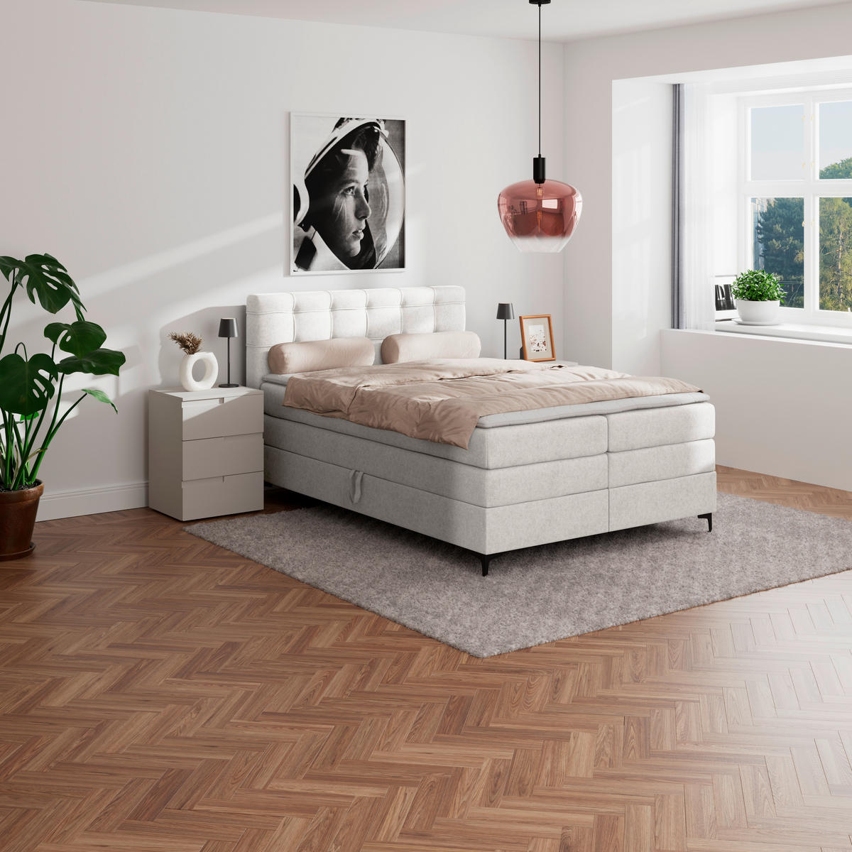 BOXSPRINGBETT 140/200 cm,  in Beige, H3 = fest  - Beige/Schwarz, KONVENTIONELL, Kunststoff/Textil (140/200cm)