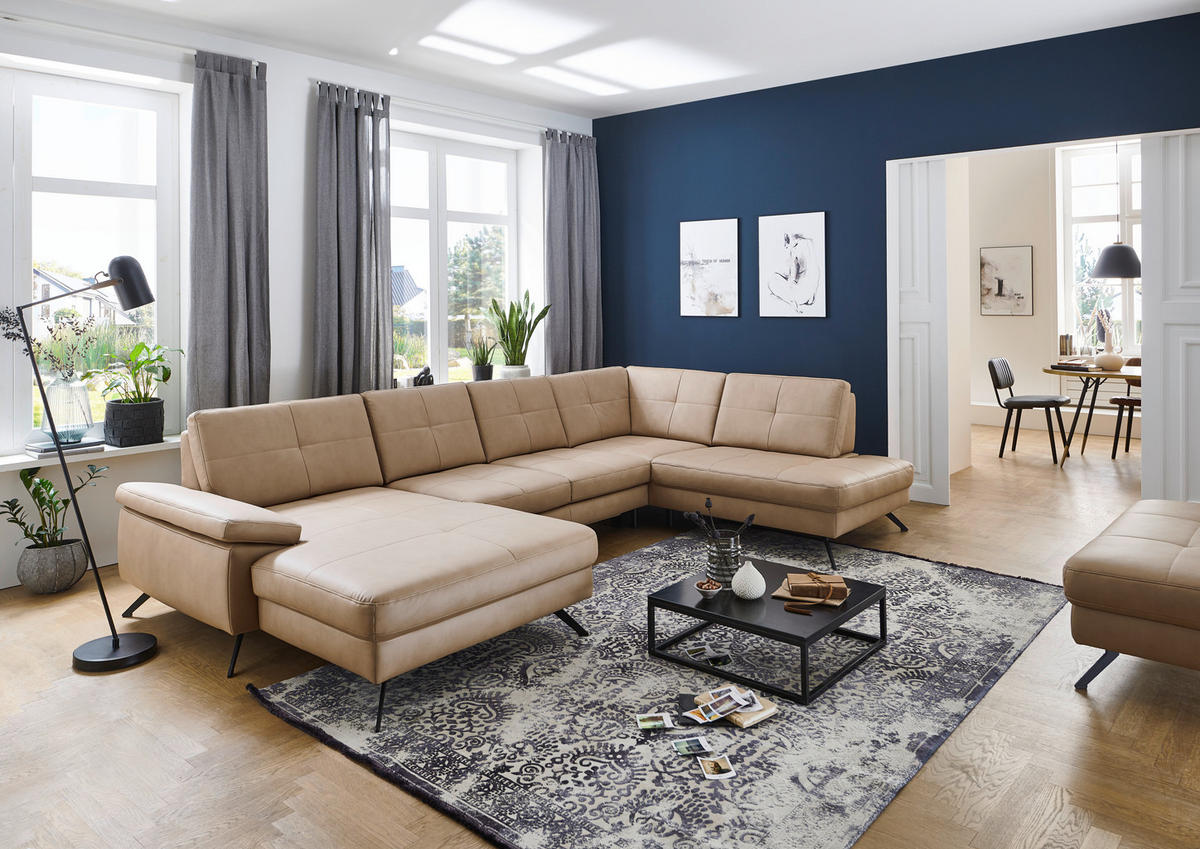 WOHNLANDSCHAFT in Lederlook, Mikrofaser Hellbraun, Haselnussfarben  - Hellbraun/Schwarz, Design, Textil/Metall (345/220cm) - Beldomo System