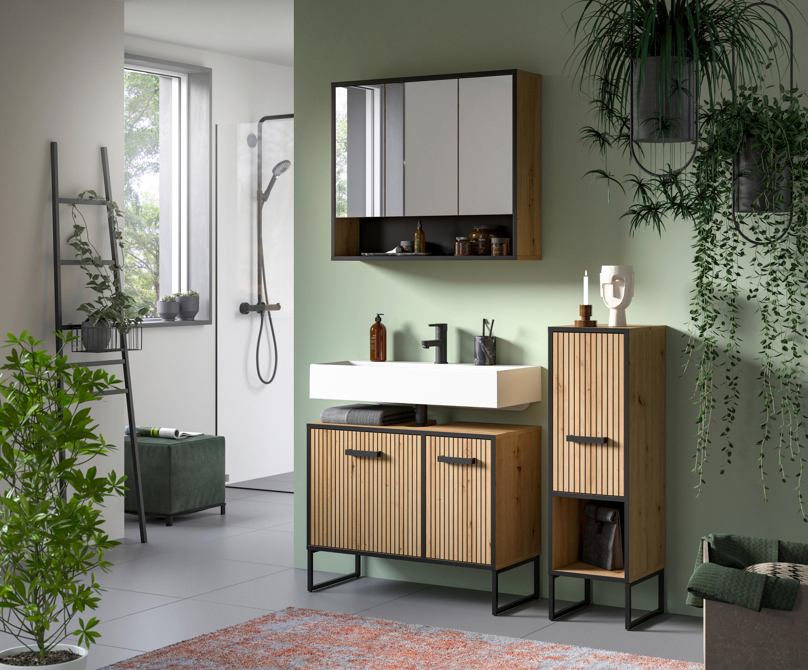 BADRUM 110 cm  - svart/ek Artisan, Trend, metall/trämaterial (110cm) - MID.YOU