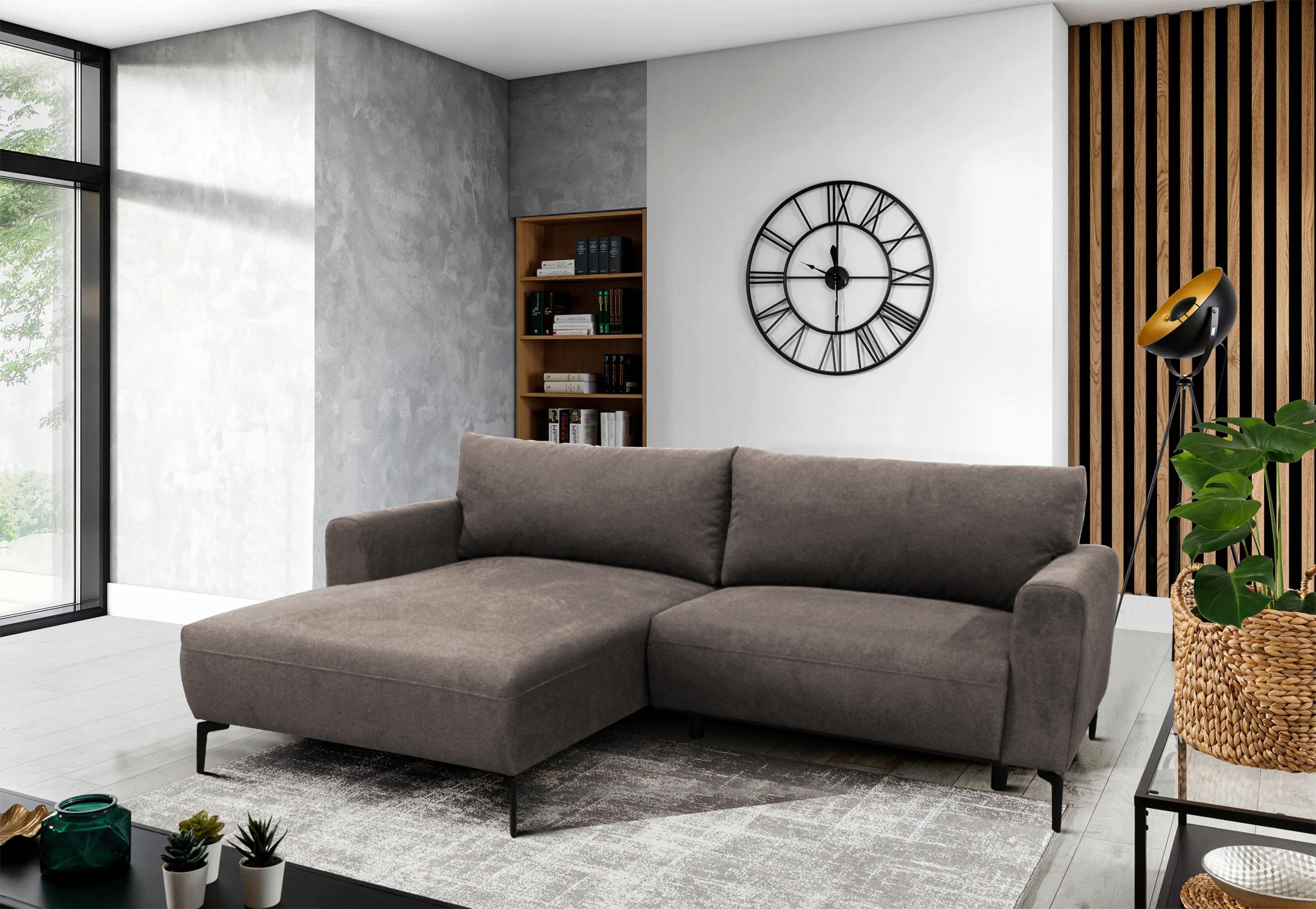 ECKSOFA Hellbraun Flachgewebe  - Hellbraun/Schwarz, Design, Textil/Metall (163/240cm) - MID.YOU