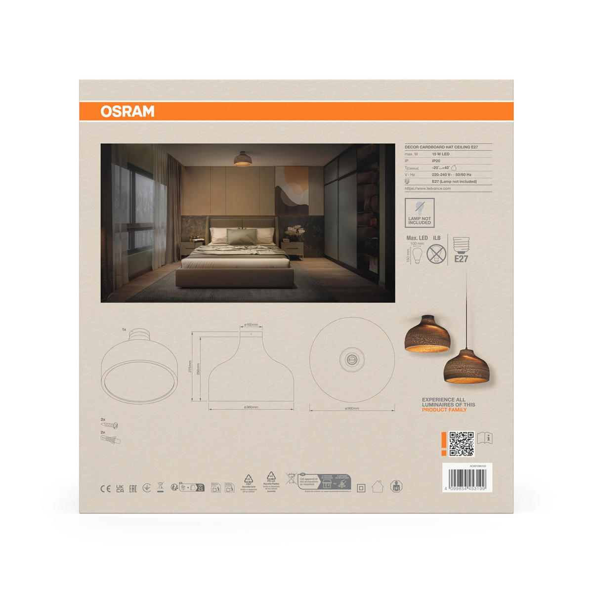 DECKENLEUCHTE  36/27.5 cm    - Braun, Natur, Karton/Metall (36/27.5cm) - Osram