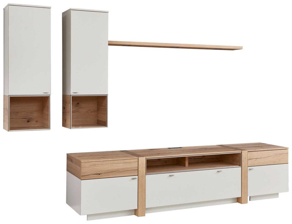 WOHNWAND  Weiss, Eichefarben 296/202/53/33/20 cm  - Weiss/Edelstahlfarben, Design, Glas/Holz (296/202/53/33/20cm) - Venjakob