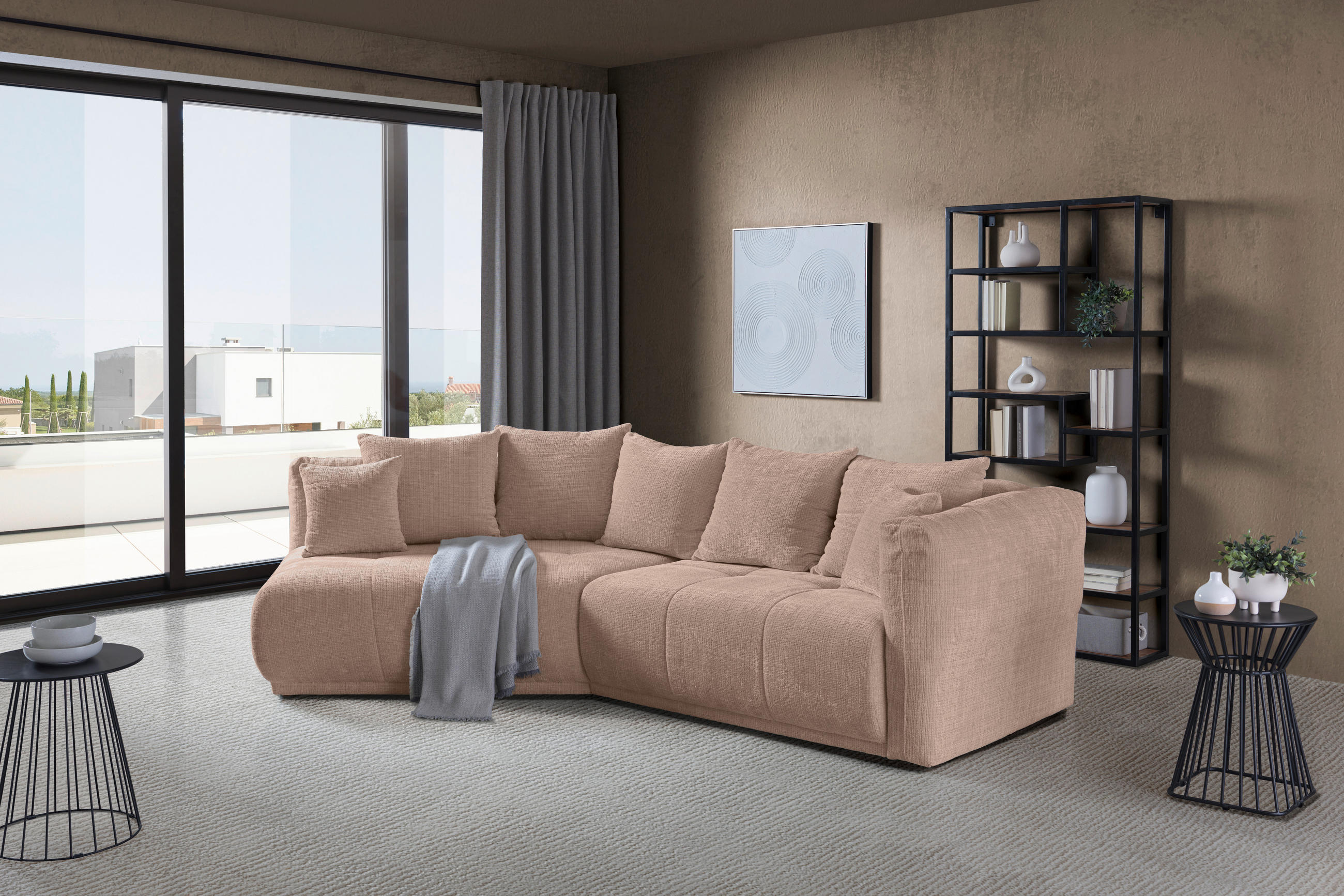 ECKSOFA in Chenille Beige  - Beige/Schwarz, Modern, Kunststoff/Textil (180/315cm) - Hom`in