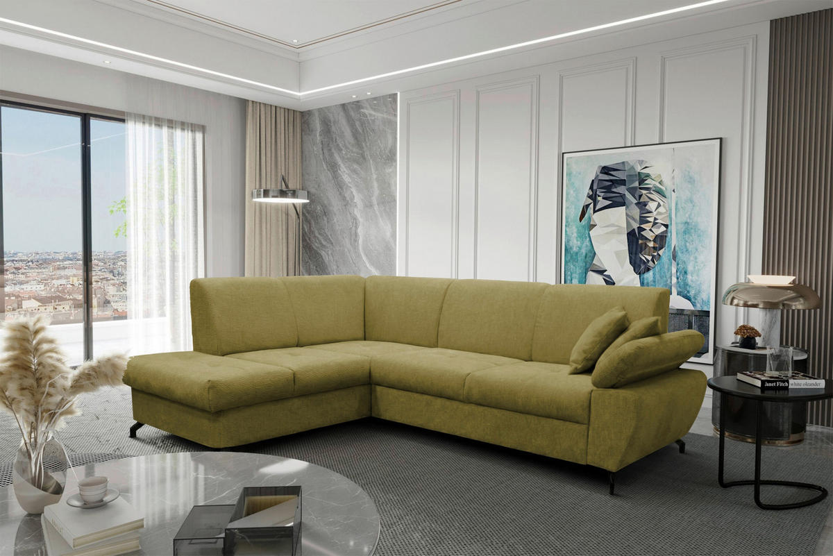 ECKSOFA CORA in Chenille Grün  198/261 cm  - Schwarz/Grün, Design, Textil/Metall (198/261cm) - MID.YOU