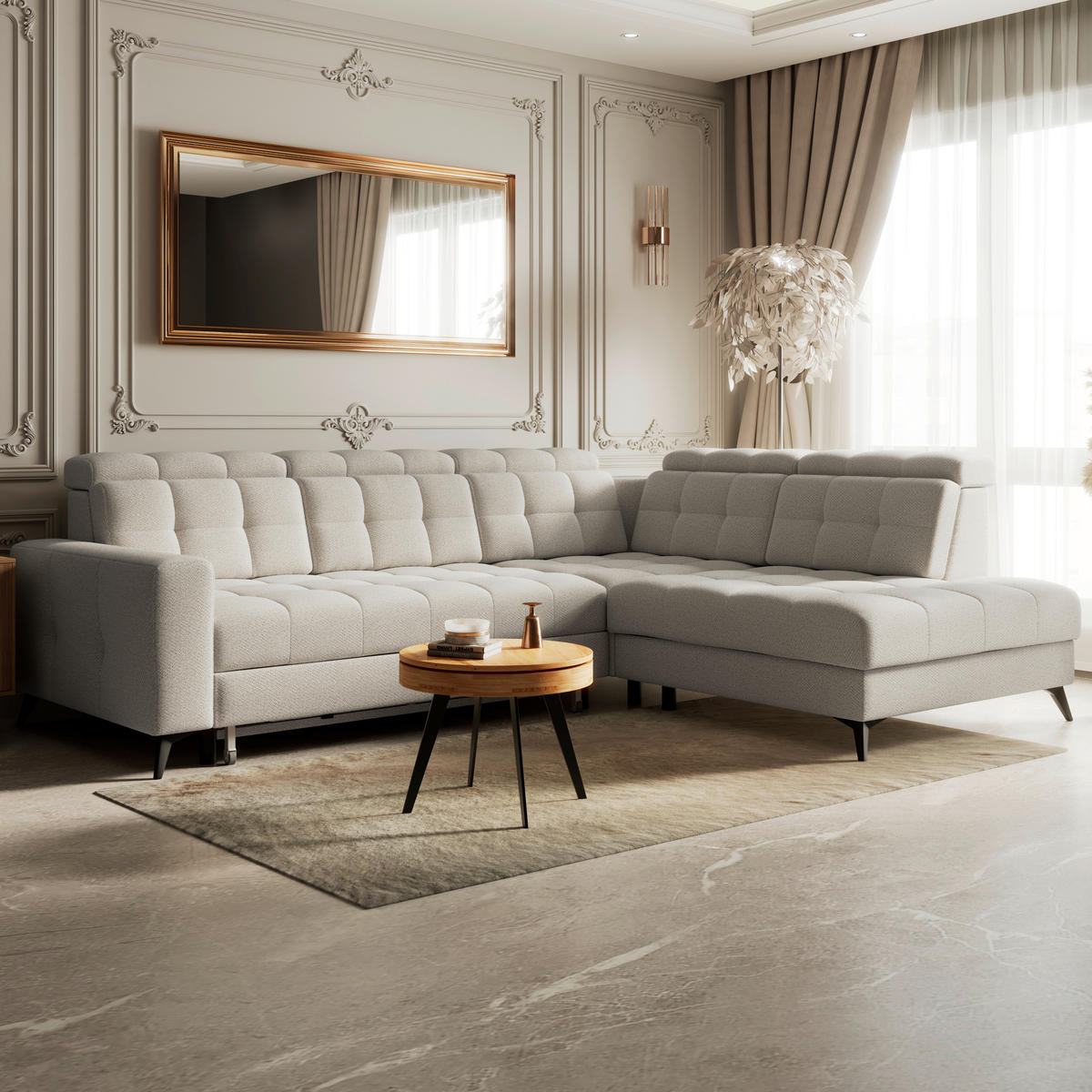 ECKSOFA BARLETTA NEW Greige Velours Bettkasten, Kopfteilverstellung, Sitztiefenverstellung, Liegefläche im Originalstoff  - Greige/Schwarz, ROMANTIK / LANDHAUS, Textil/Metall (289/228cm) - MID.YOU