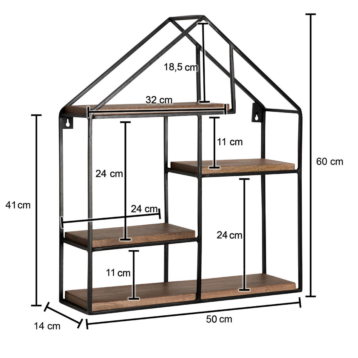 WANDREGAL 50/60/14 cm  - Schwarz, Design, Holz/Metall (50/60/14cm) - MID.YOU