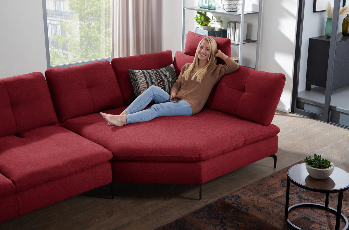 ECKSOFA in Flachgewebe Bordeaux  344/157 cm  - Bordeaux/Schwarz, Design, Textil/Metall (344/157cm) - Chilliano