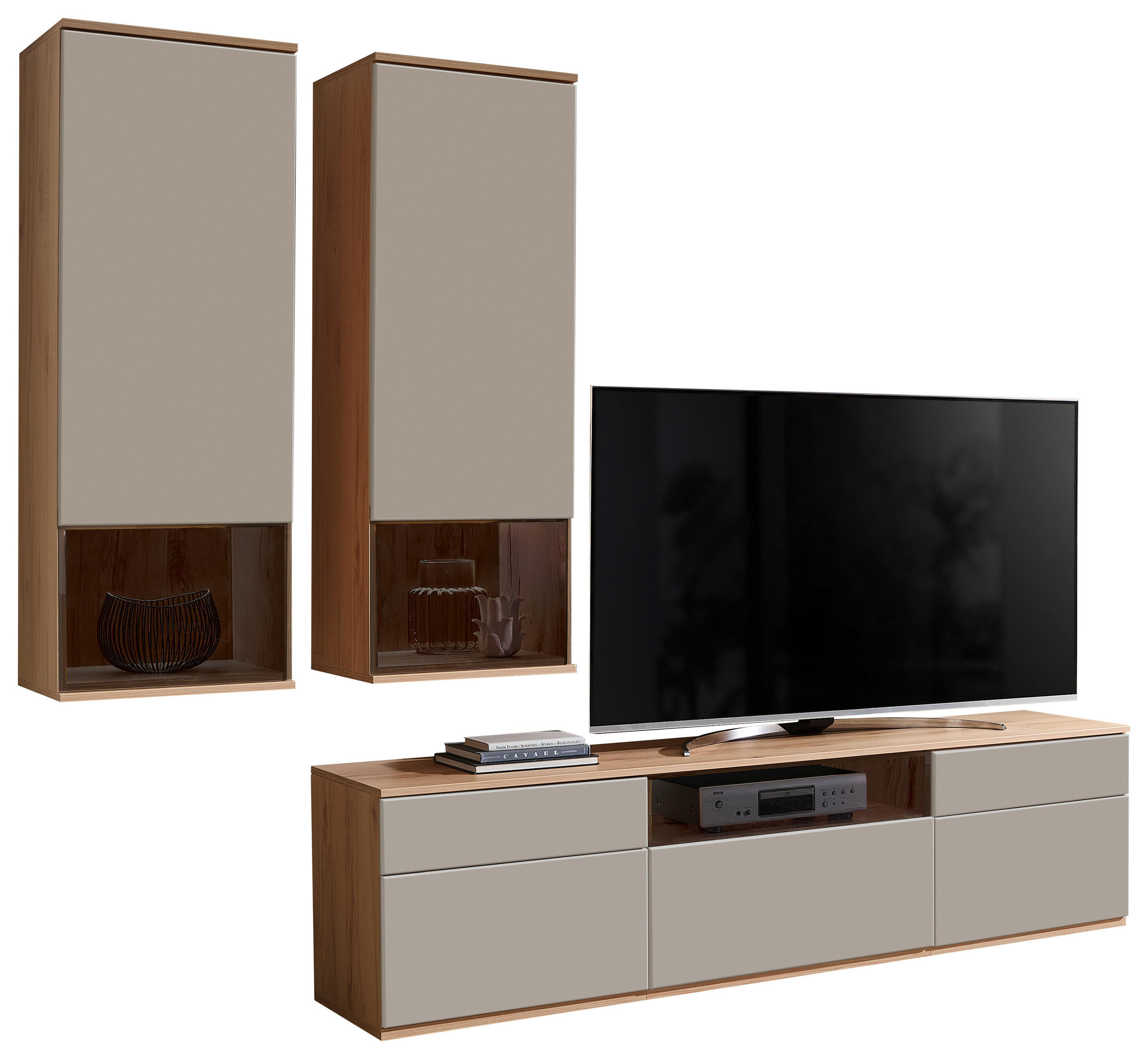 WOHNWAND  in Grau, Buchefarben  255/215/45 cm  - Buchefarben/Schwarz, KONVENTIONELL, Glas/Holzwerkstoff (255/215/45cm) - Venda