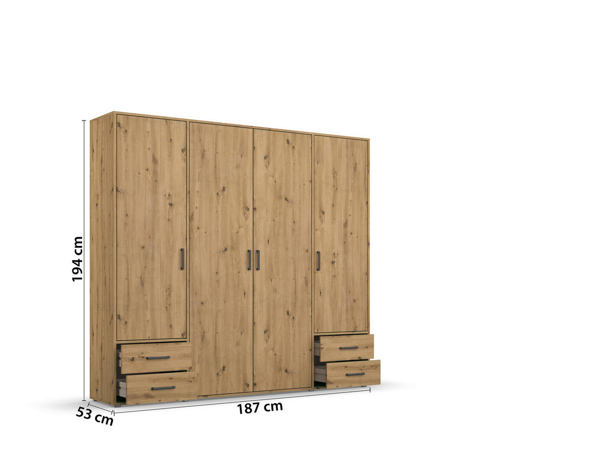 GARDEROB MED GÅNGJÄRN 187/194/53 cm 4-dörrar - ek Artisan/grå, Modern, trämaterial/plast (187/194/53cm) - Rauch Möbel