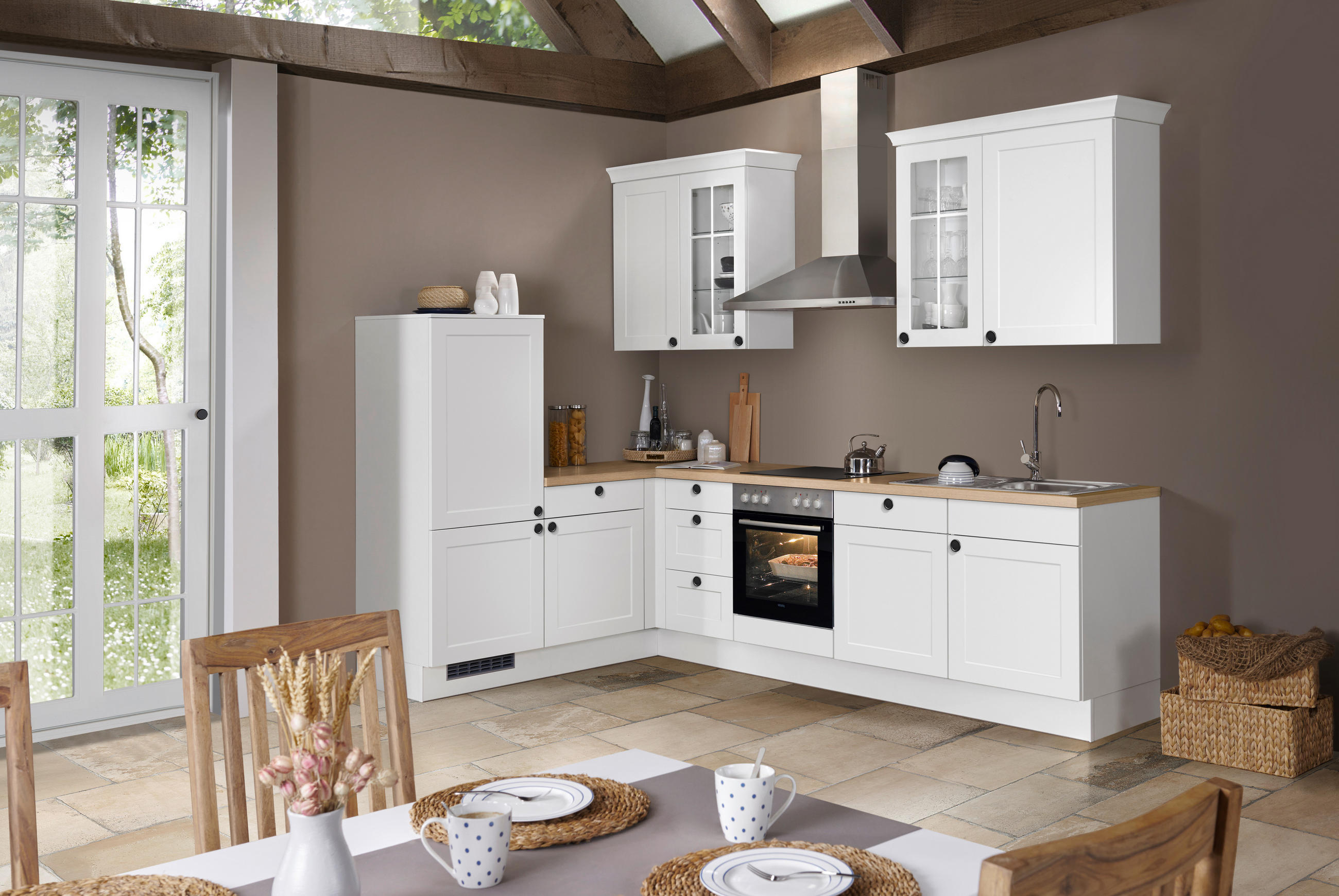 ECKKÜCHE 185,4/290,0 cm  in Weiß  - Eichefarben/Schwarz, Basics, Glas/Holzwerkstoff (185,4/290,0cm) - Impuls